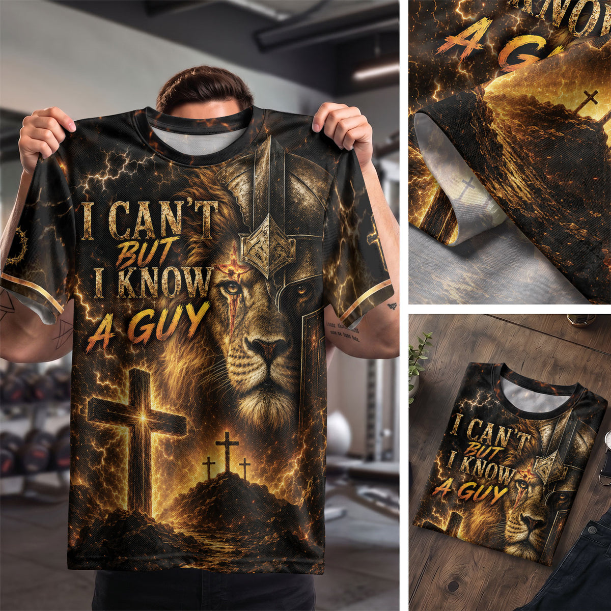 I Cant But I Know A Guy Lion Warrior Cross Christian 3D Graphic Crewneck Shirt Men - Rust Field Wear