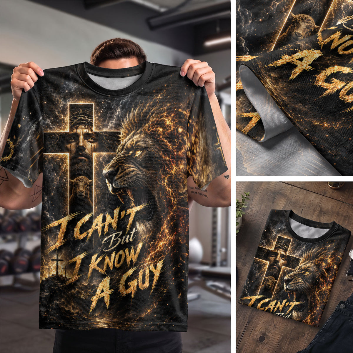 I Cant But I Know A Guy Jesus Lion Cross Christian 3D Graphic Crewneck Shirt For Men - Rust Field Wear
