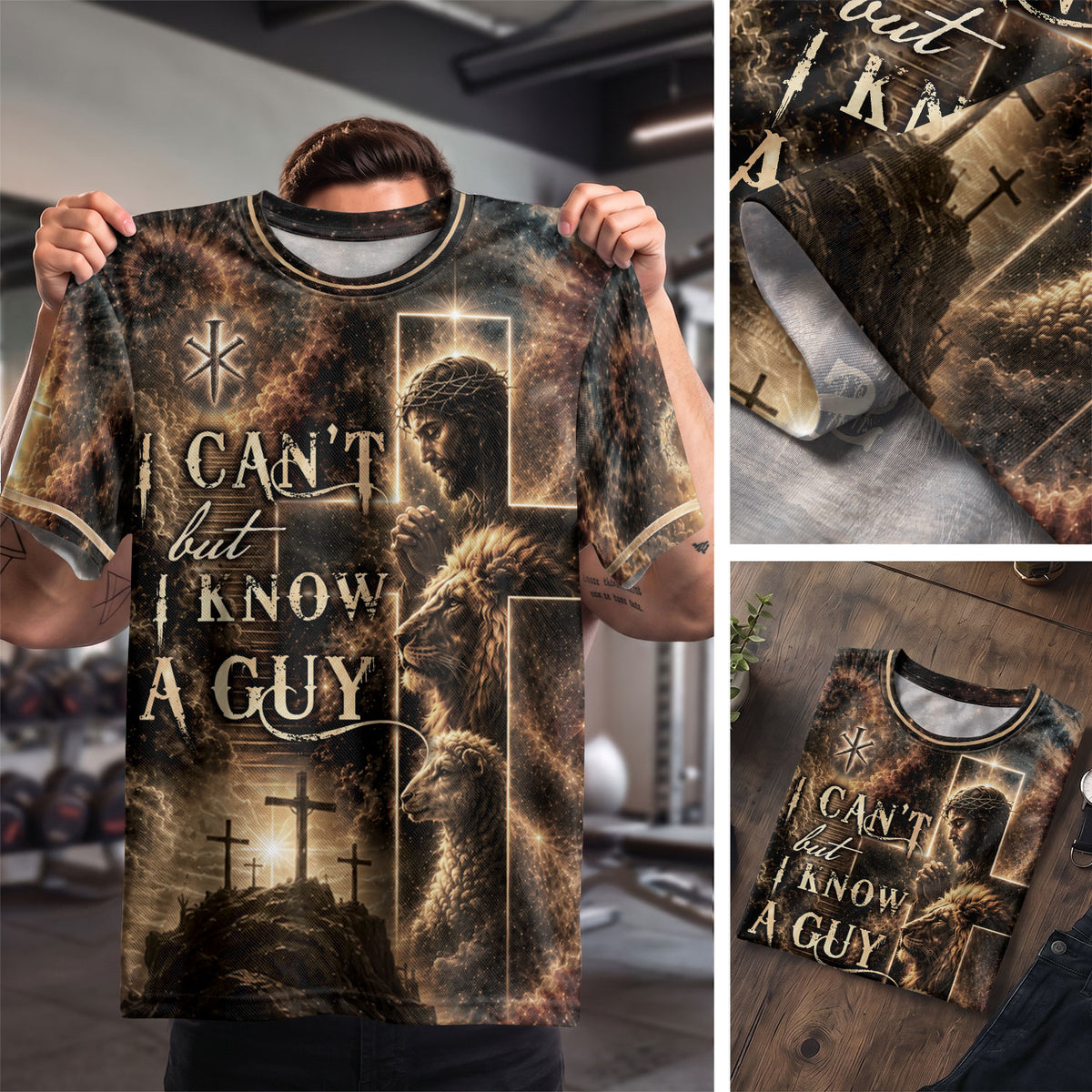 I Cant But I Know A Guy Jesus Lamb Lion Cross Christian 3D Graphic Crewneck Shirt Men - Rust Field Wear