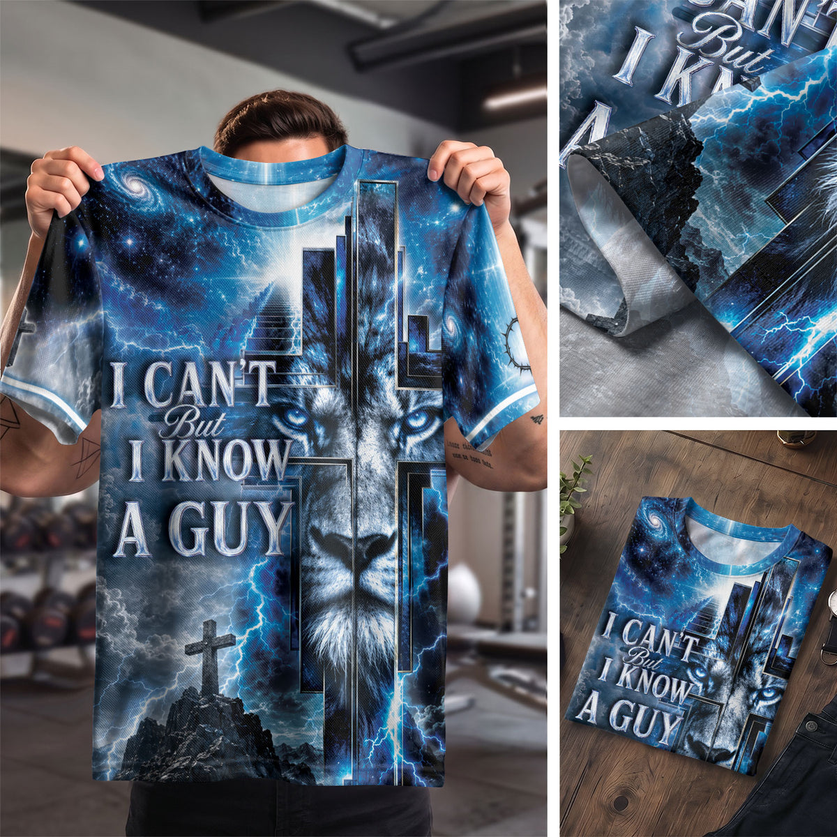 I Cant But I Know A Guy Blue Lion Cross Christian 3D Graphic Crewneck Shirt For Men - Rust Field Wear