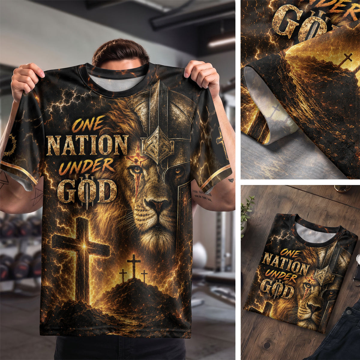 One Nation Under God Christian Lion Helmet Armor Cross Patriotic - Christian Shirts for Men, Christian Tee Shirts - Rust Field Wear
