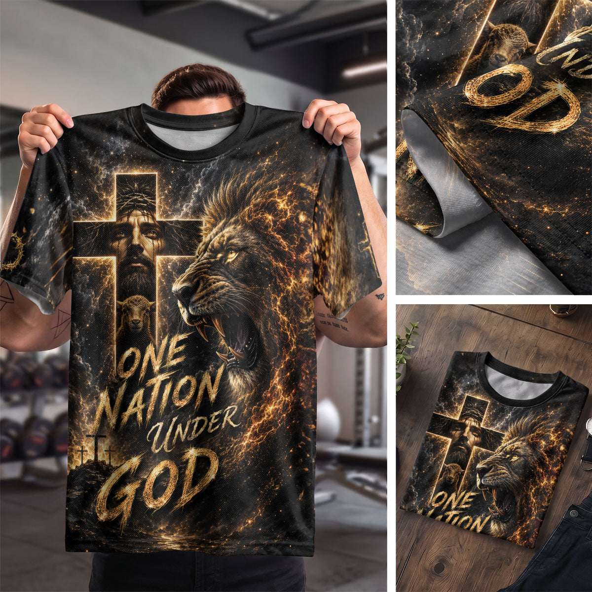 Christian Tee Shirts, Christian Shirts for Men - One Nation Under God Christian Jesus Lion Lamb Cross Graphic Tee - Rust Field Wear