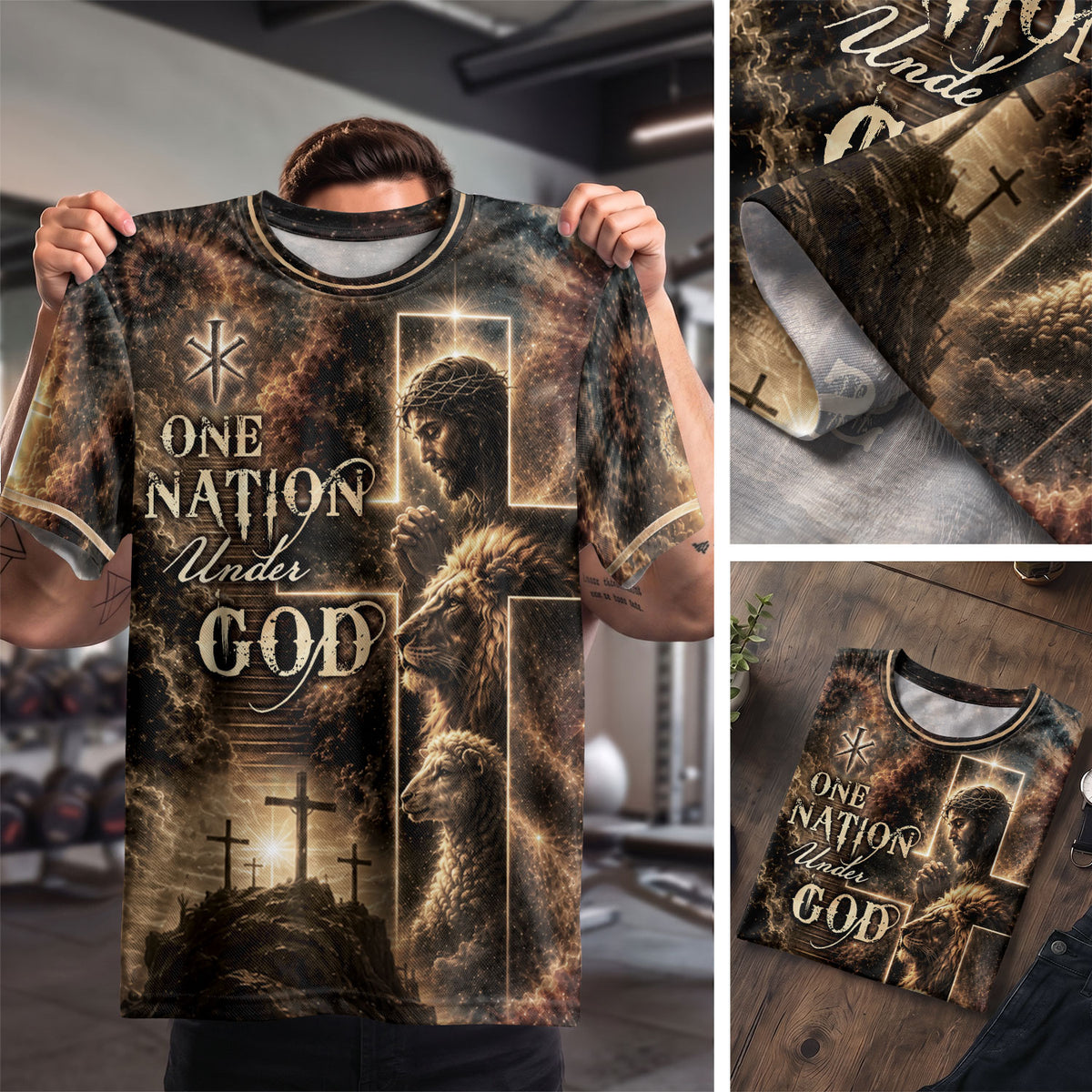 One Nation Under God Christian Praying Jesus Lion Lamb Cross Graphic Tee Faith Graphic, Christian Tee Shirts - Christian Shirts for Men - Rust Field Wear