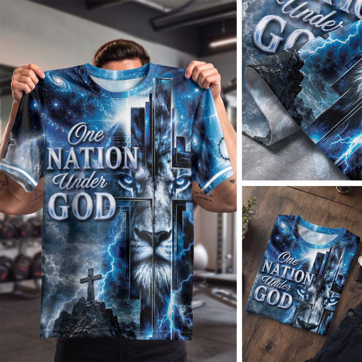 Christian Shirts for Men, One Nation Under God Christian Blue Lion Cross Graphic Lightning Tee - Christian Tee Shirts - Rust Field Wear