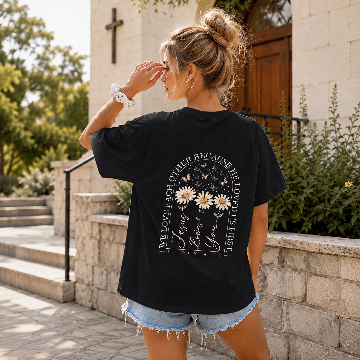 Jesus Loves You Daisy Butterfly Floral Christian Graphic Casual Basic Tee Shirt Women - Rust Field Wear