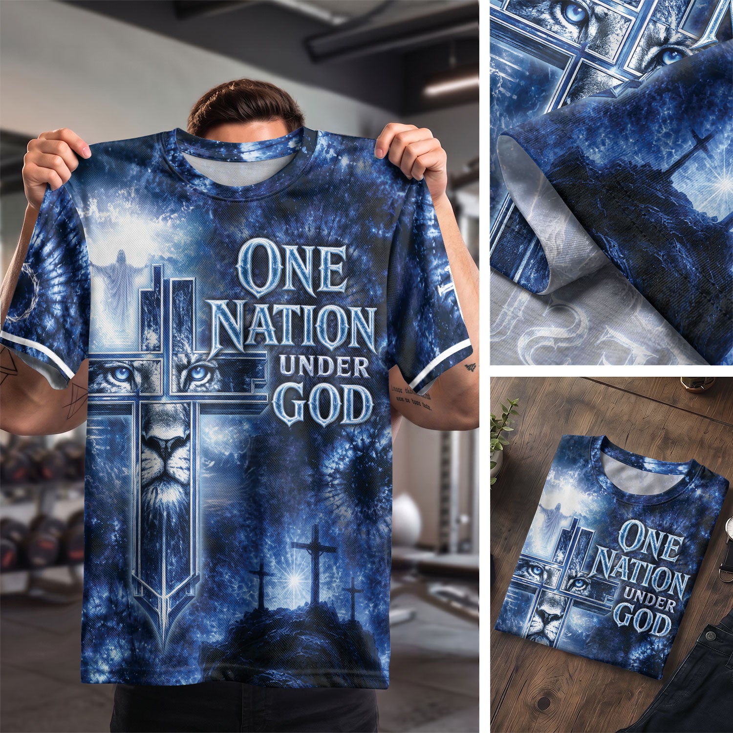One Nation Under God Lion Cross Christian Jesus Patriotic Graphic Faith Graphic, Christian Tee Shirts - Christian Shirts for Men - Rust Field Wear