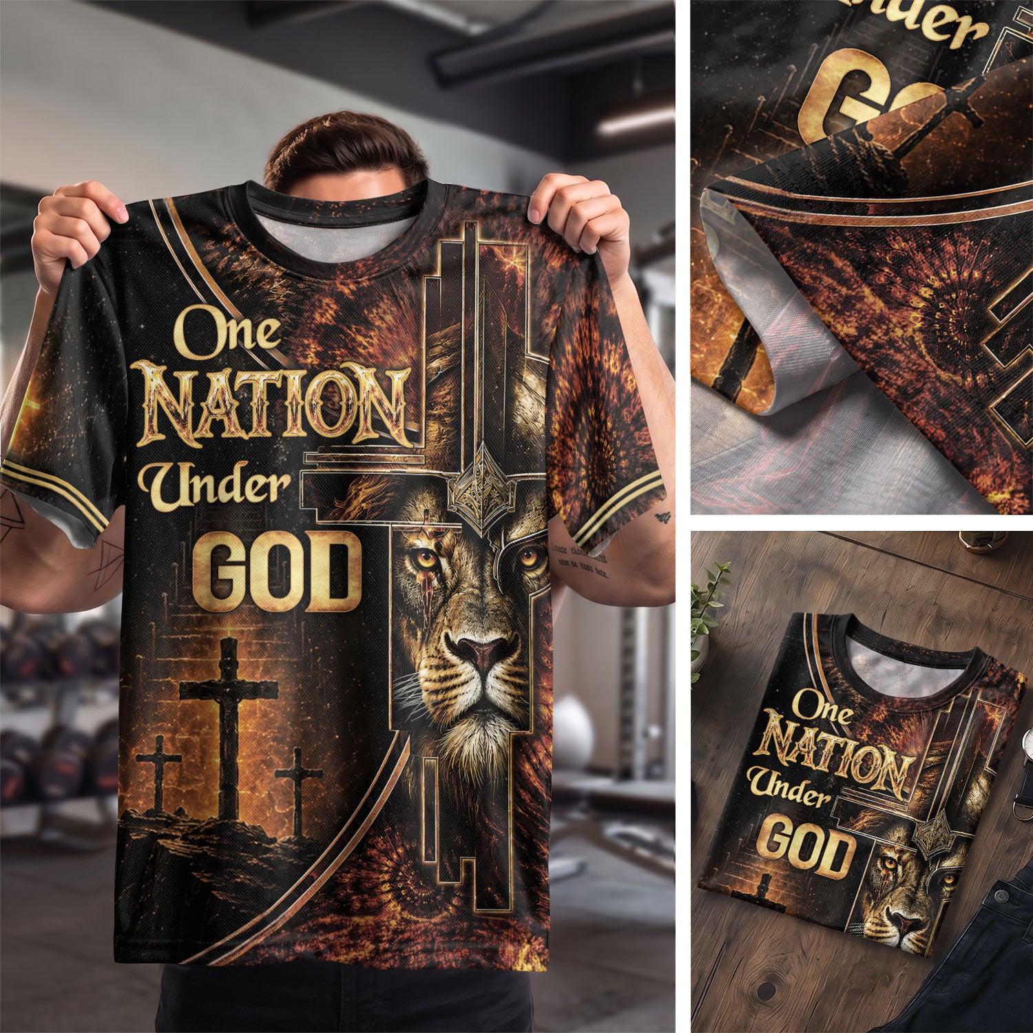 Christian Shirts for Men, One Nation Under God Lion Cross Christian Jesus Golden Graphic - Christian Tee Shirts - Rust Field Wear
