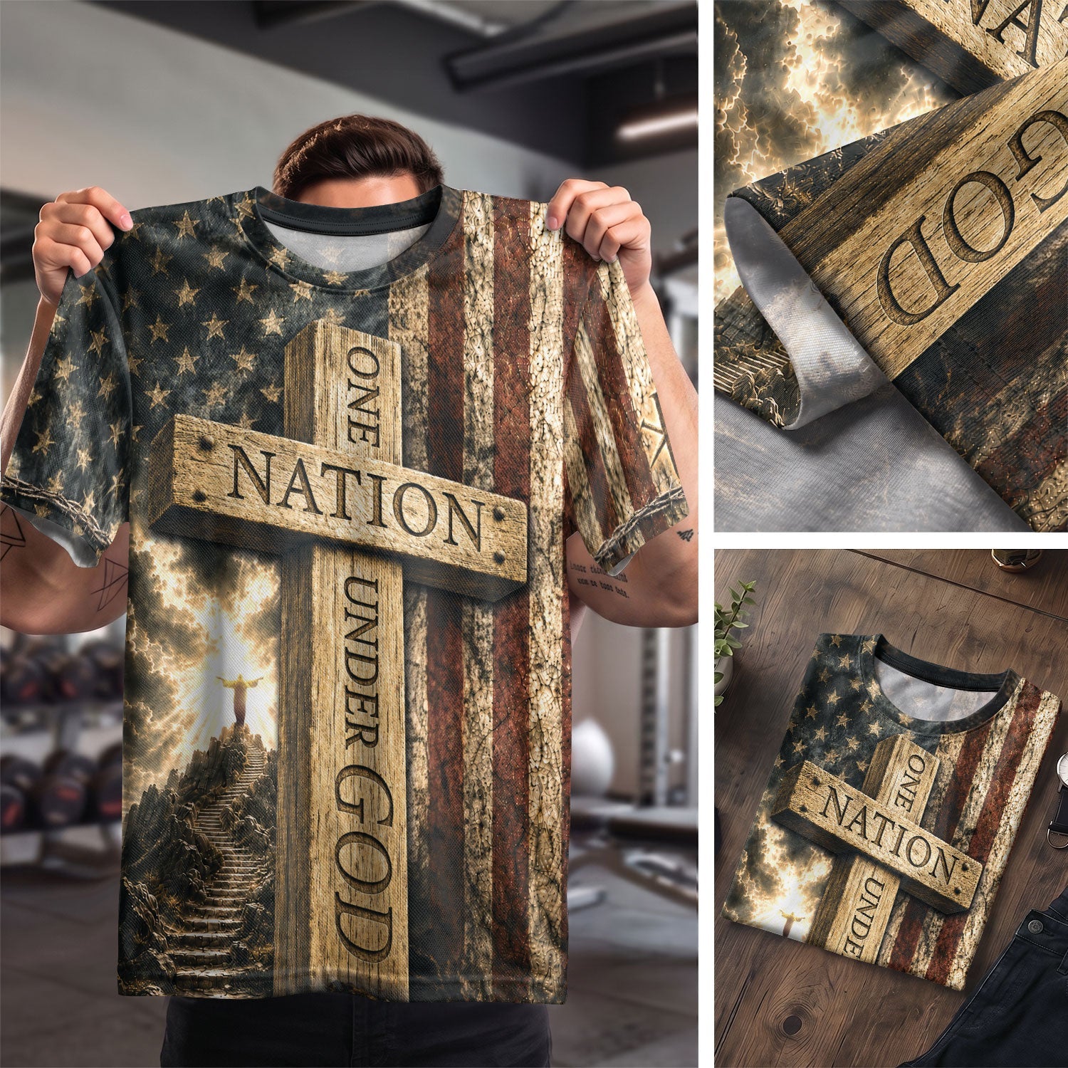 Christian Tee Shirts - One Nation Under God Cross Flag Lamb Christian Patriotic, Christian Shirts for Men - Rust Field Wear