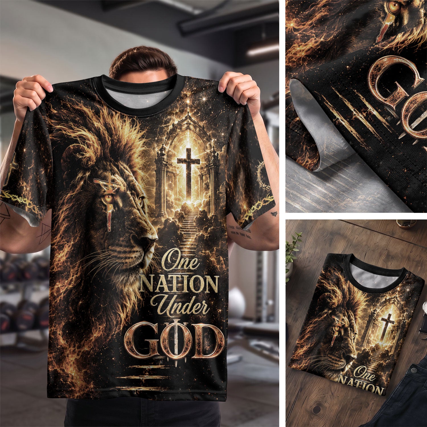 One Nation Under God Lion Cross Christian Jesus Fiery Graphic Christian Faith Design - Christian Tee Shirts, Christian Shirts for Men - Rust Field Wear