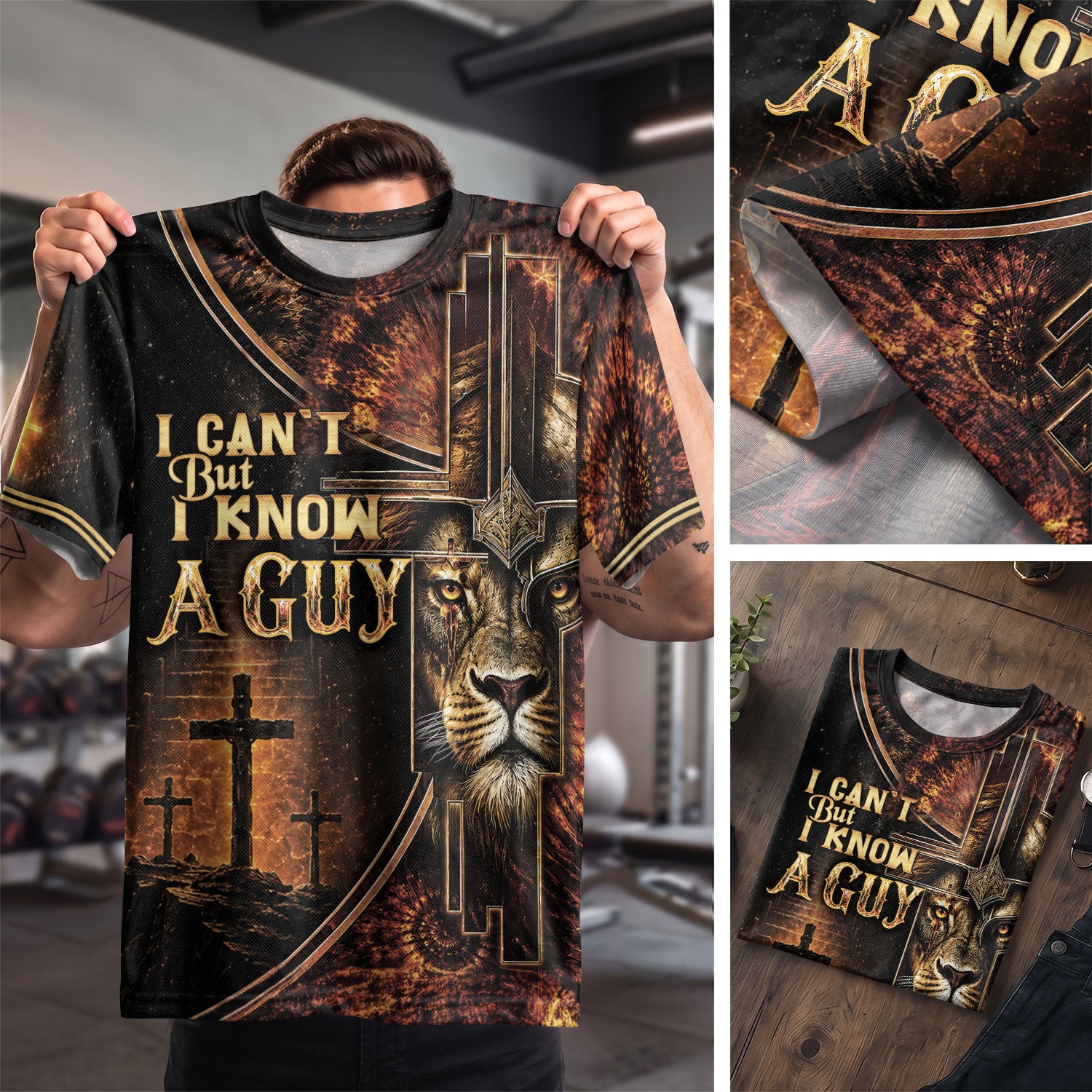 I Can't But I Know A Guy Lion Cross Christian Jesus Golden, Christian Shirts for Men - Christian Tee Shirts - Rust Field Wear