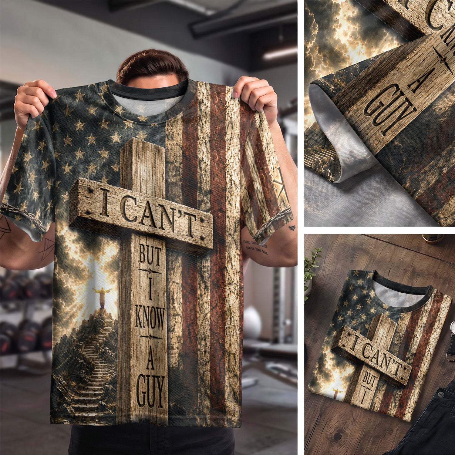 Christian Tee Shirts, I Can't But I Know A Guy Cross Flag Lamb Christian Patriotic - Christian Shirts for Men - Rust Field Wear