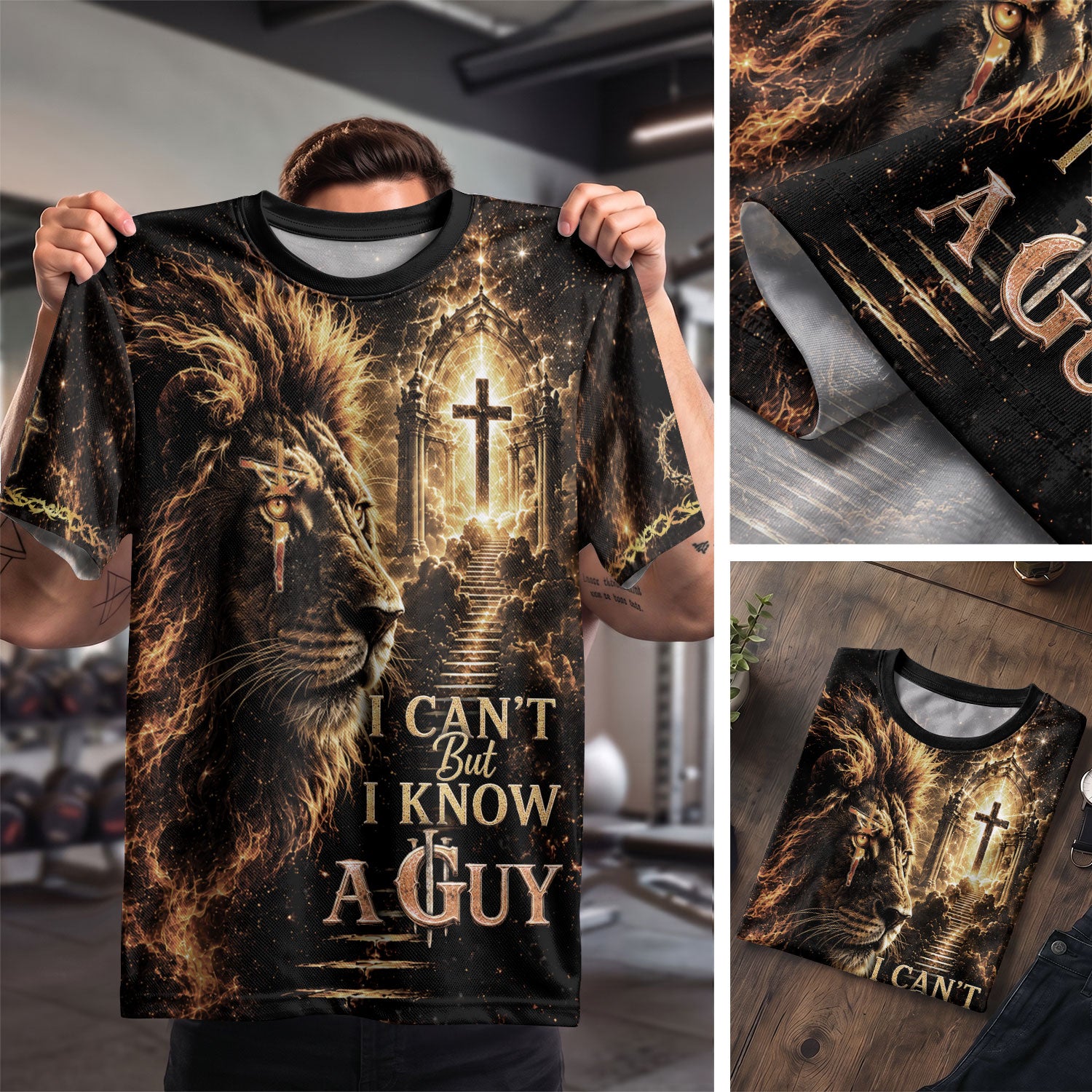 I Can't But I Know A Guy Lion Cross Christian Jesus Fiery - Christian Tee Shirts, Christian Shirts for Men - Rust Field Wear
