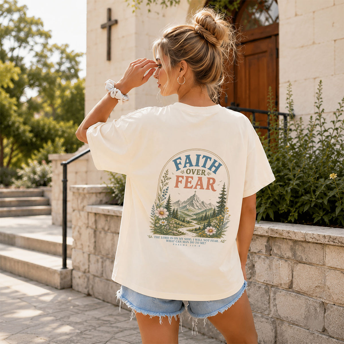 Inspirational Christian Faith Over Fear Mountain Aesthetic Women Graphic Tee Shirt - Rust Field Wear