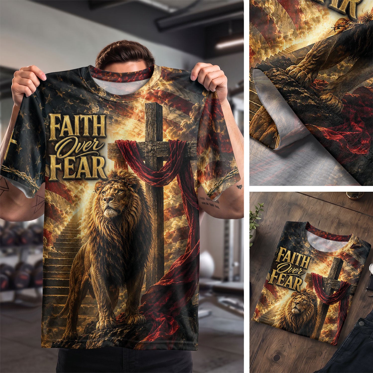Faith Over Fear Shirt Christian Lion Cross Jesus 3D All Over Print Graphic Men T-Shirt