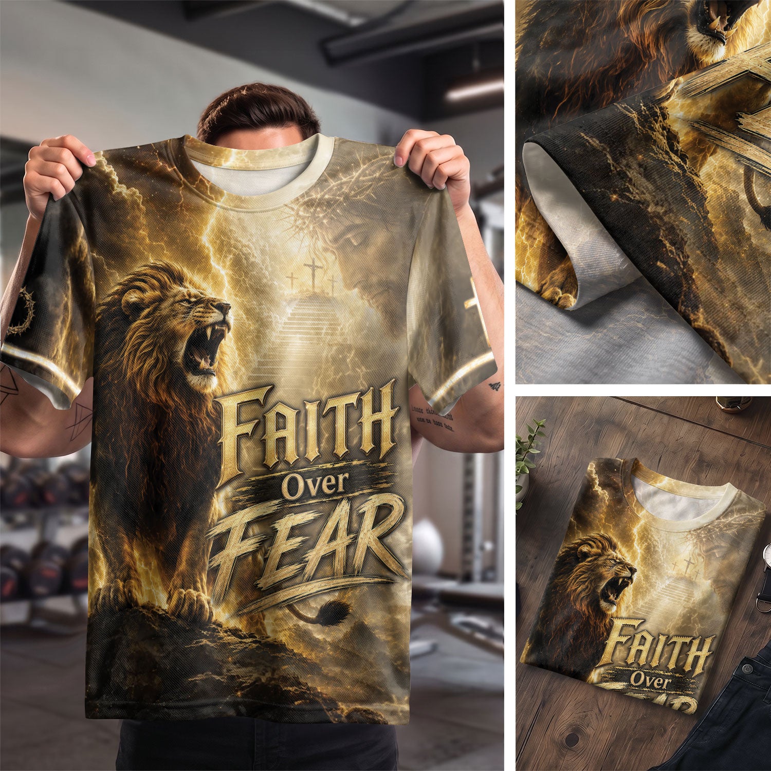 Faith Over Fear Jesus Shirt Christian Lion Cross 3D All Over Print Graphic Men Tee Shirt