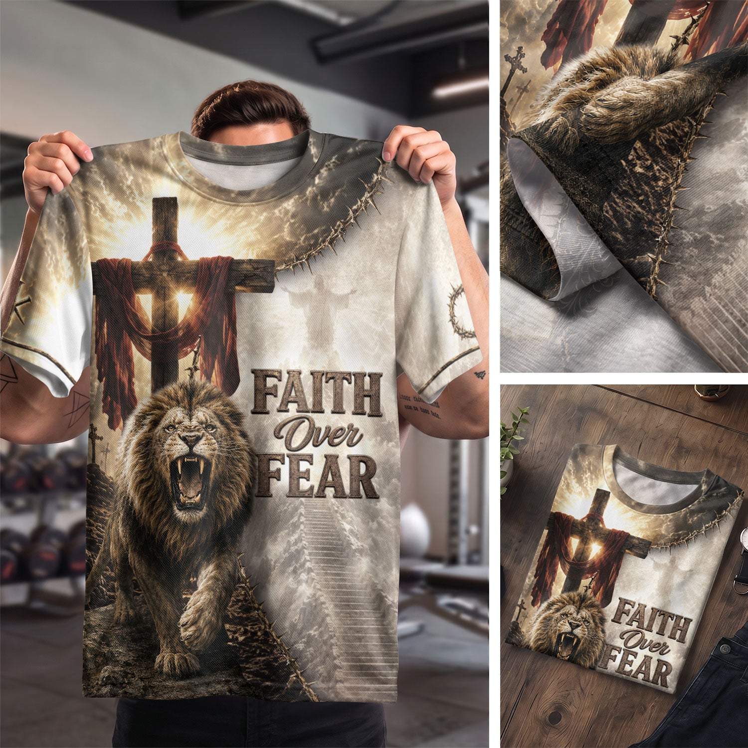 Faith Over Fear Jesus Shirt Bold Christian Lion Angel Wings Cross 3D All Over Print Men