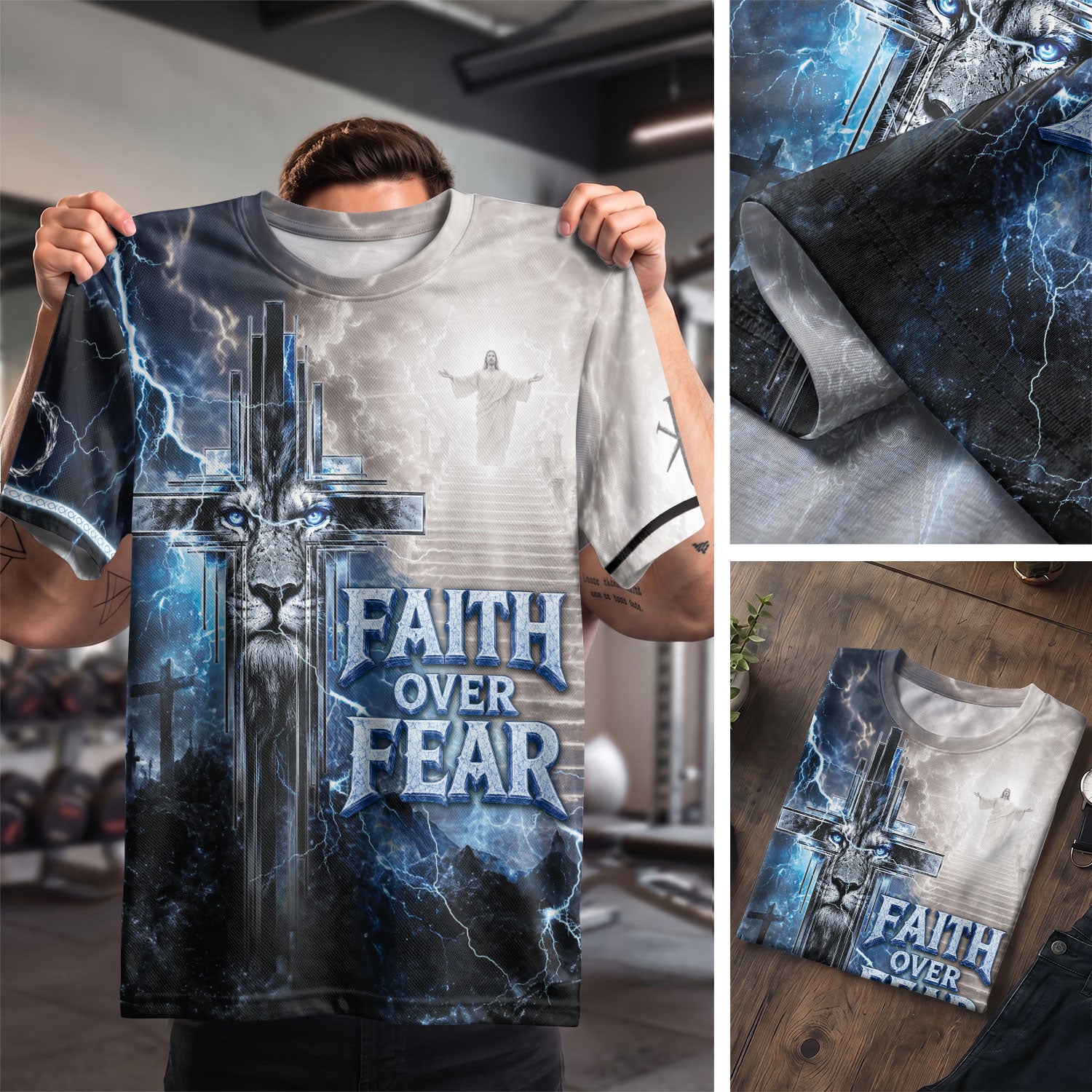 Faith Over Fear Jesus Shirt Blue Lightning Lion Cross 3D All Over Print Christian Men Apparel