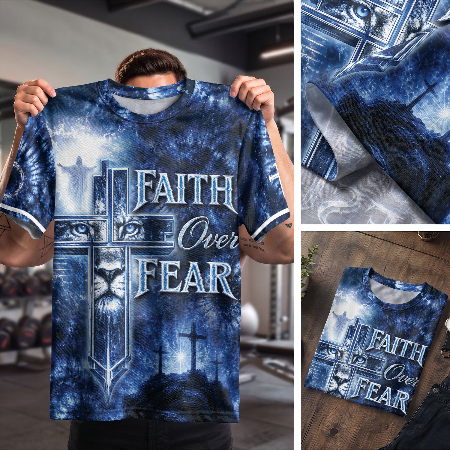 Christian Tee Shirts, Faith Over Fear Lion Cross Christian Jesus Inspirational Graphic - Christian Shirts for Men - Rust Field Wear