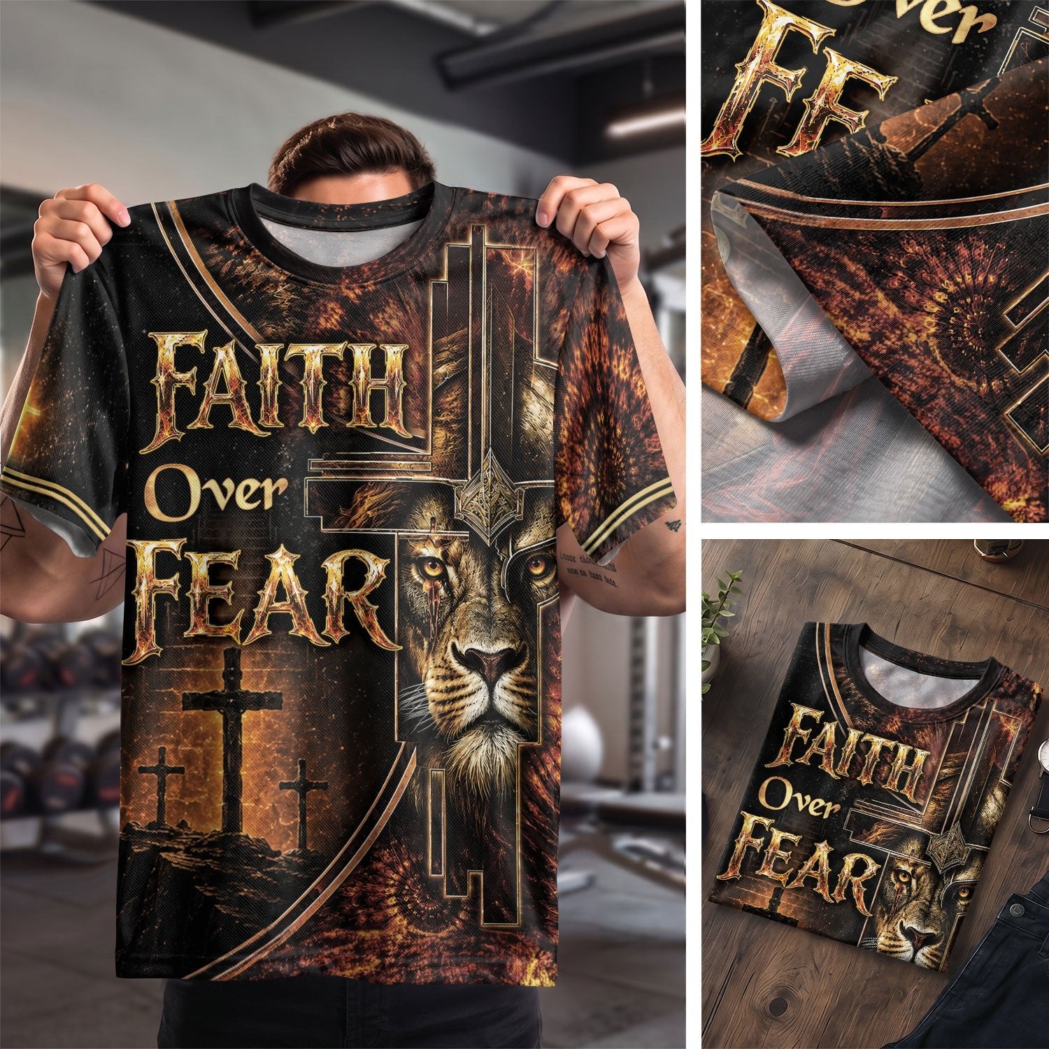Faith Over Fear Lion Cross Christian Jesus Golden Graphic - Christian Tee Shirts, Christian Shirts for Men - Rust Field Wear