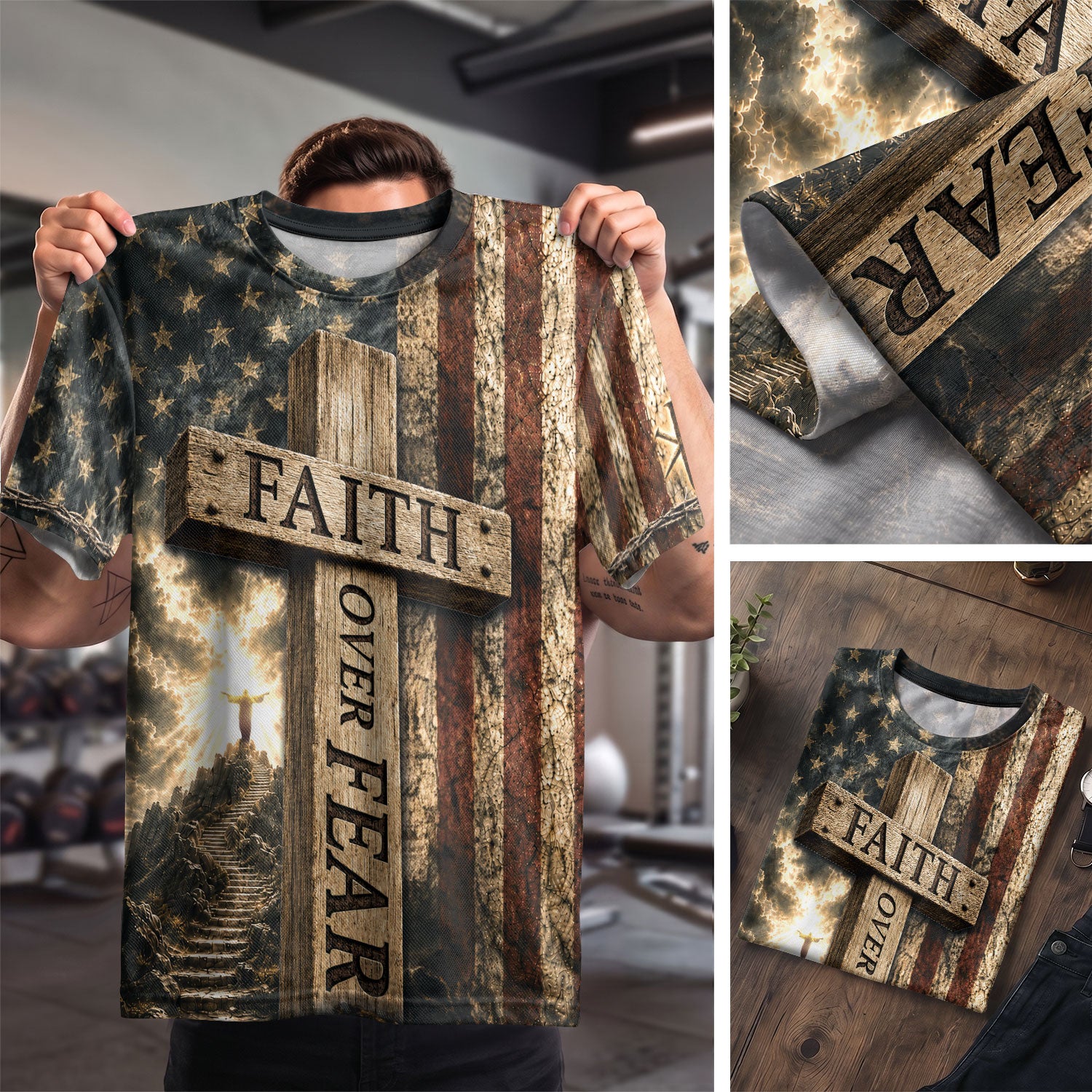 Faith Over Fear Cross Flag Lamb Christian Patriotic Graphic - Christian Shirts for Men, Christian Tee Shirts - Rust Field Wear