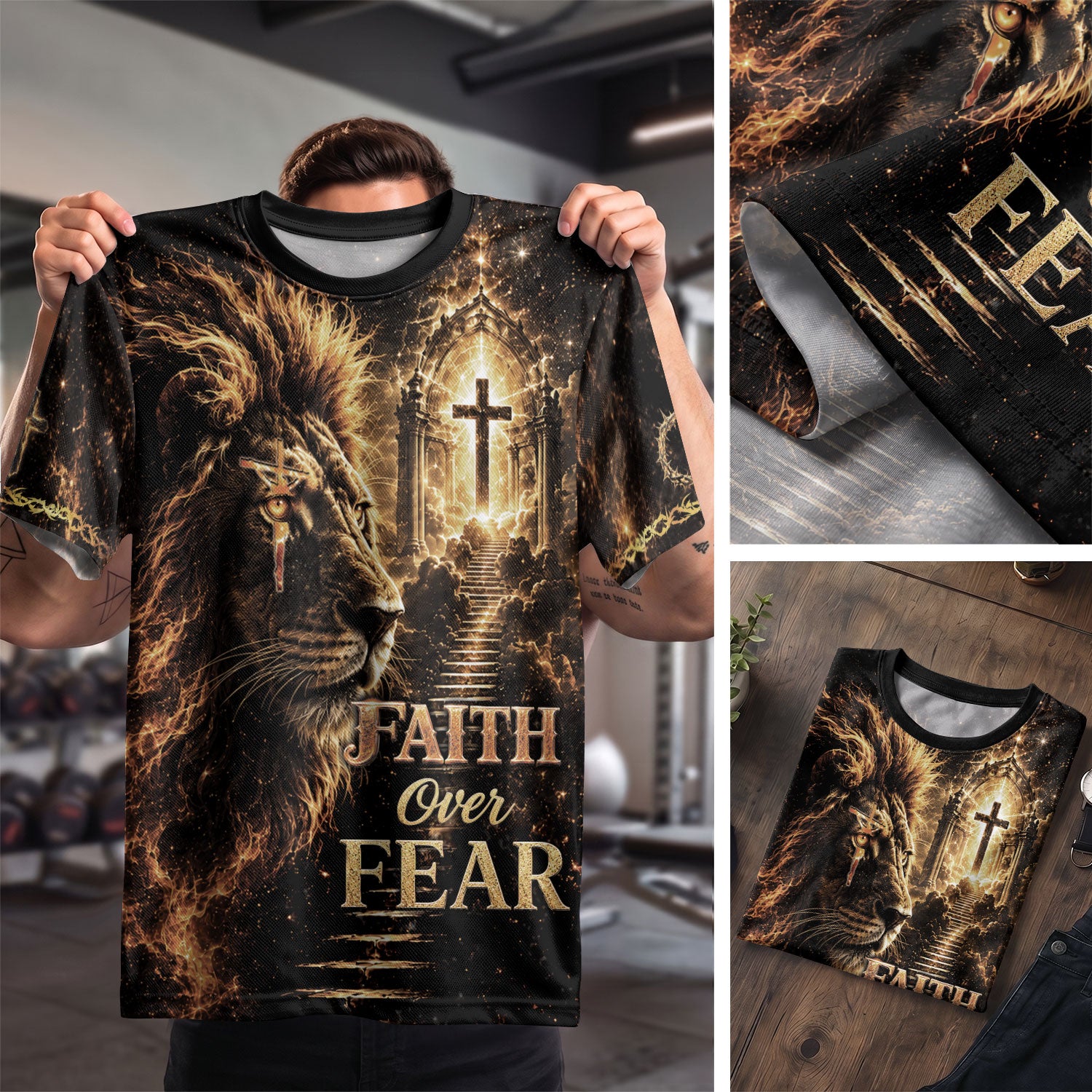 Christian Tee Shirts, Christian Shirts for Men - Faith Over Fear Lion Cross Christian Jesus Fiery Graphic - Rust Field Wear