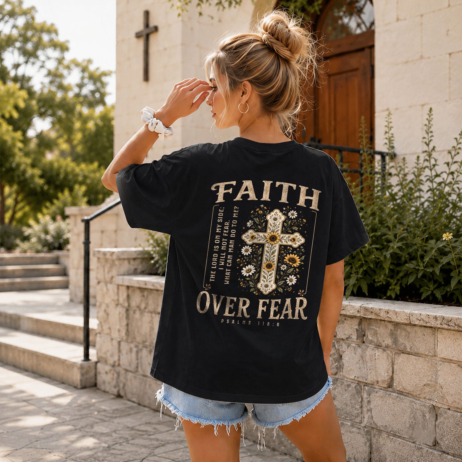 Faith Over Fear Shirt Women Christian Floral Cross T-Shirt Bible Verse Tee Comfort Colors