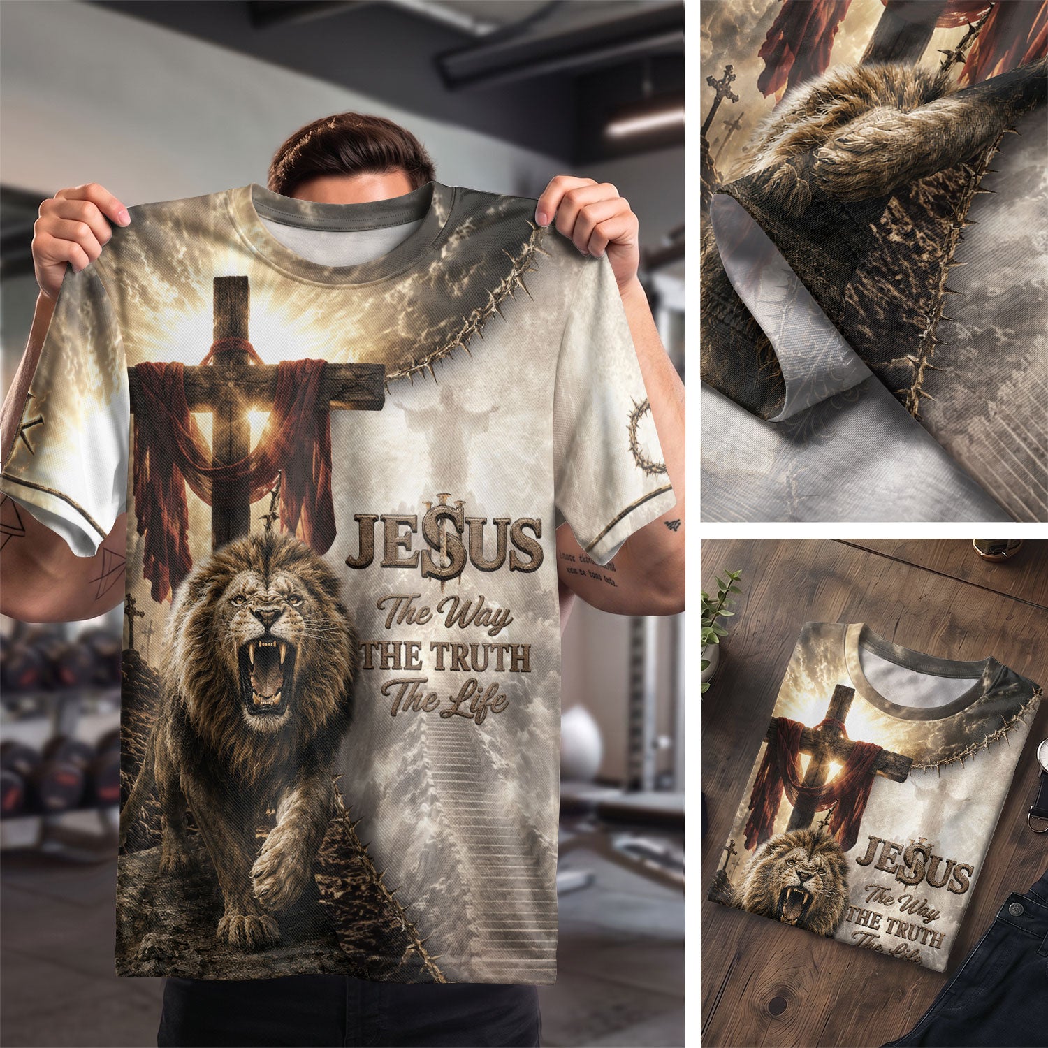 Jesus The Way The Truth The Life Lion Wings Cross 3D Men Shirt Christian Graphic Tee