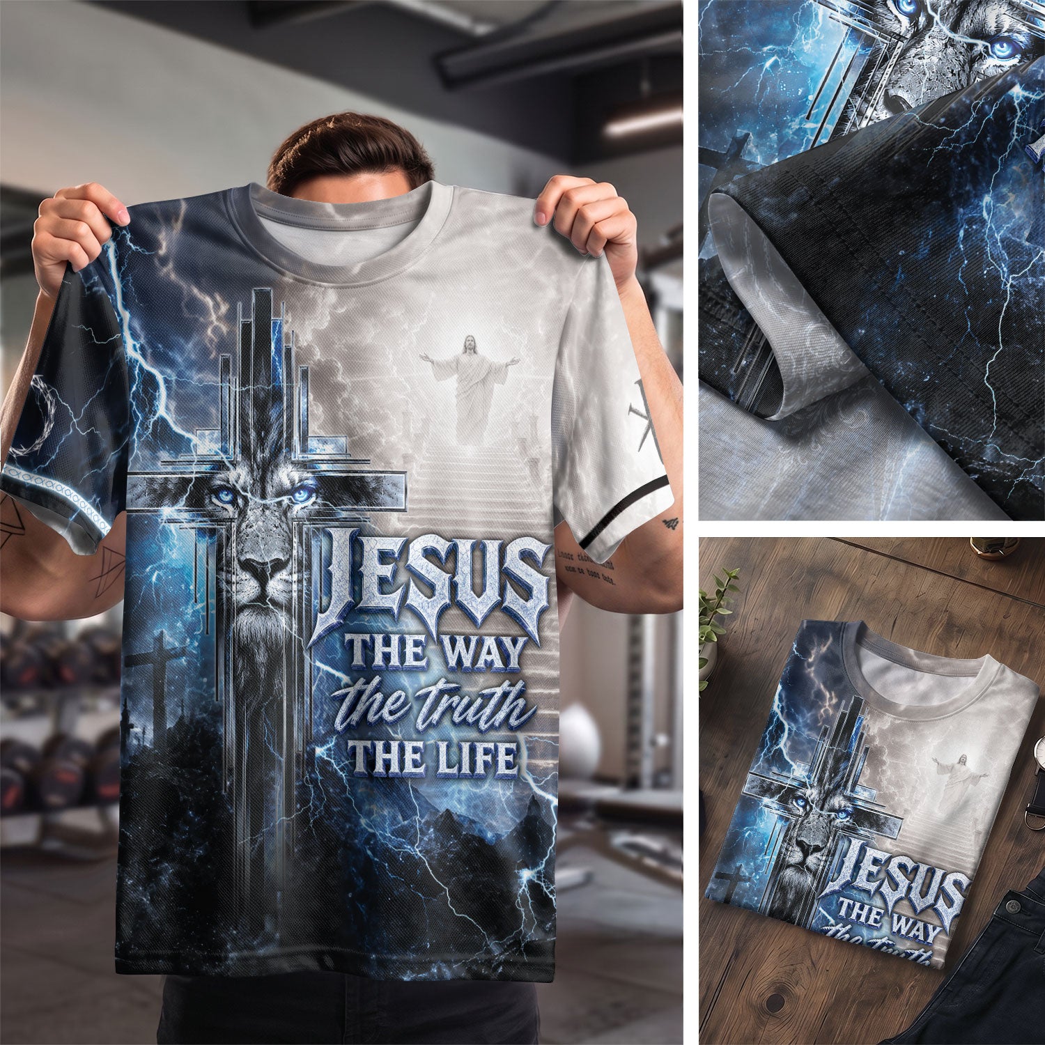 Jesus The Way The Truth The Life Blue Lightning Lion Cross 3D Men Shirt Christian Tee