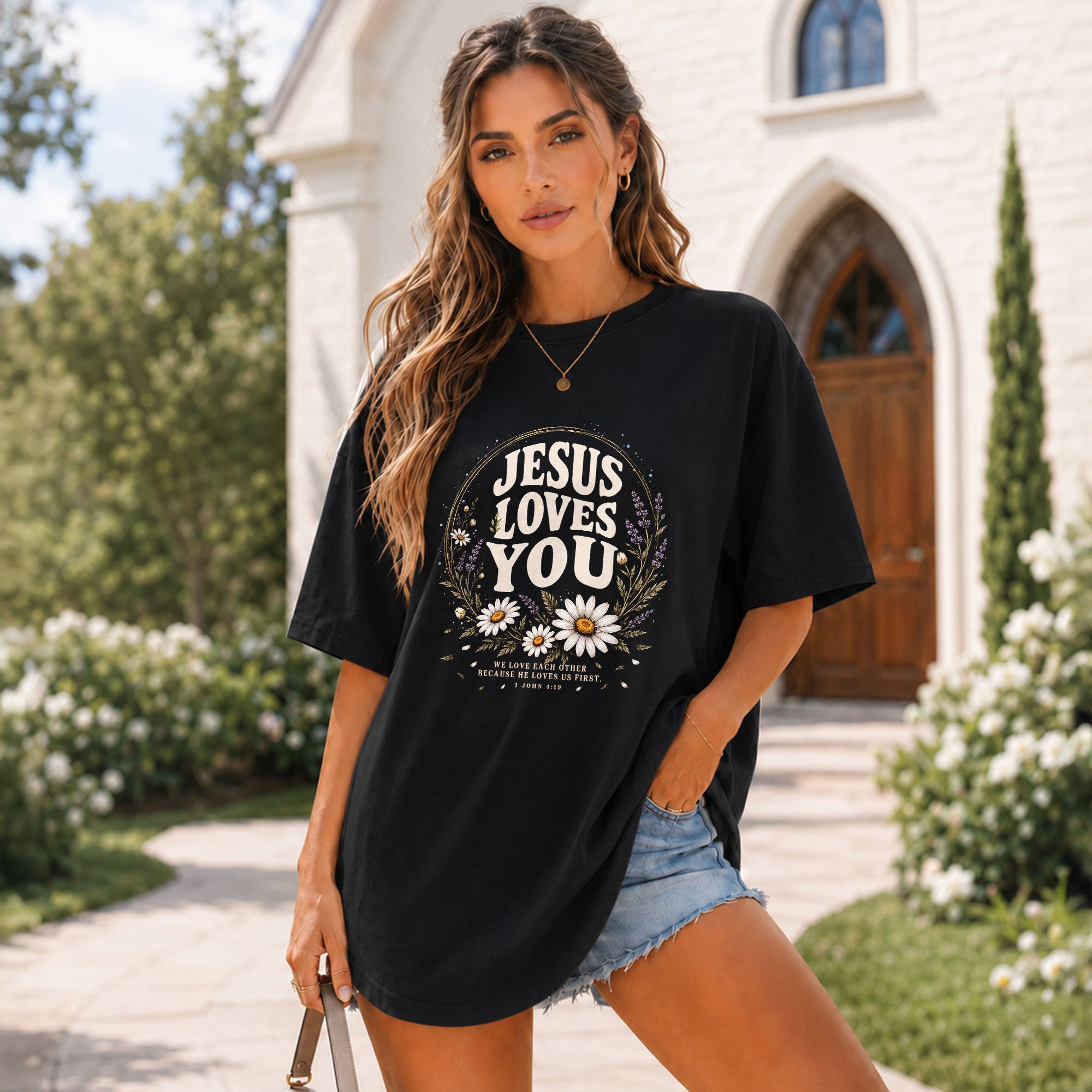 Jesus Loves You Shirt Christian Women Floral Faith T-Shirt 1 John 4:19 Daisy Tee - Rust Field Wear