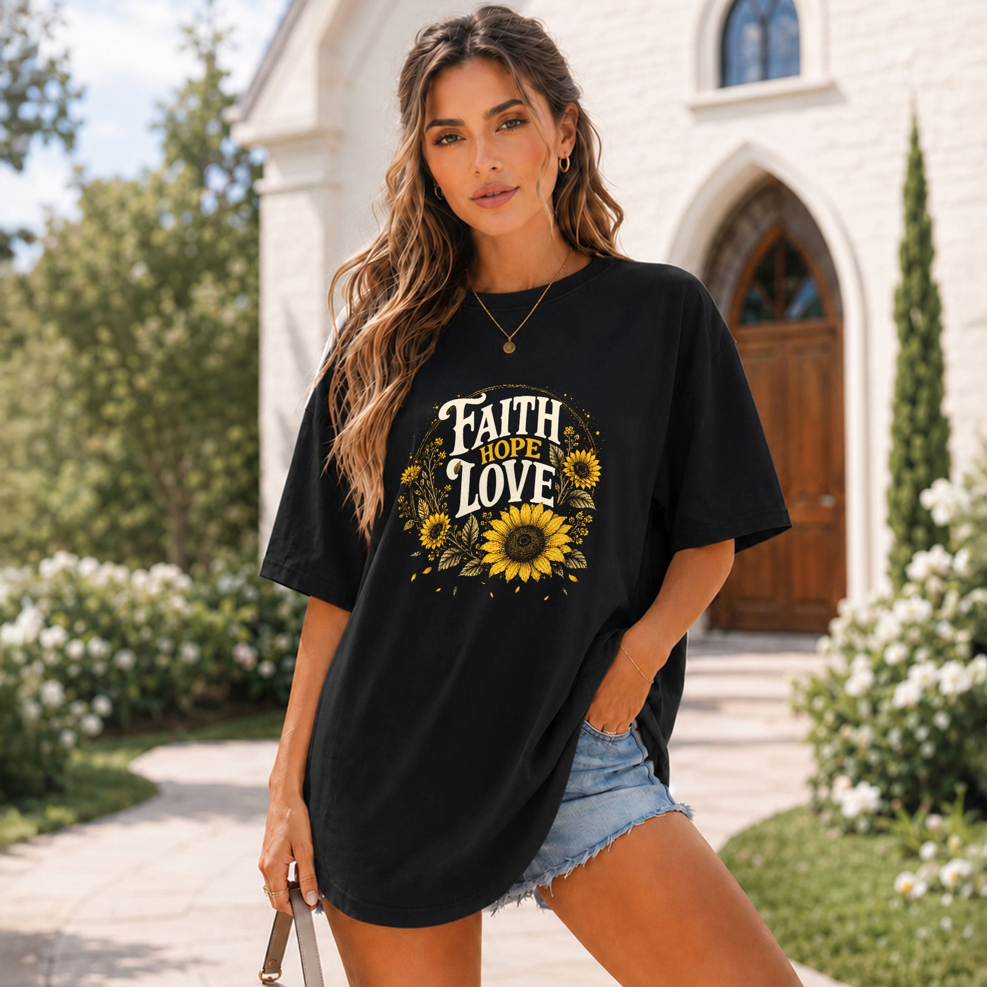 Faith Hope Love T-Shirt Christian Women Faith Shirt Sunflower Bible Verse Yellow Floral - Rust Field Wear