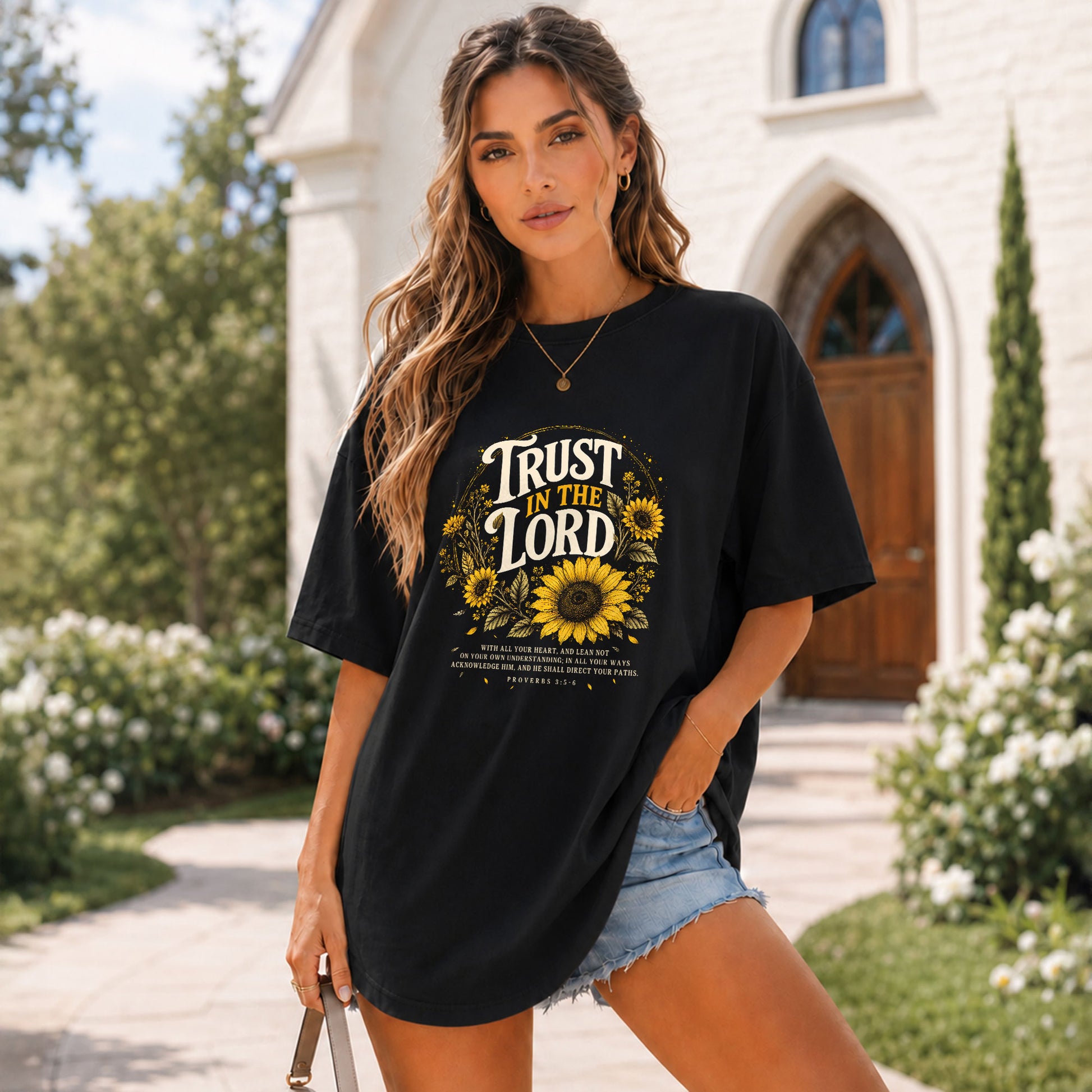 Trust In The Lord Christian Women Shirt Sunflower Faith Graphic Tee Bible Verse Aesthetic - Rust Field Wear