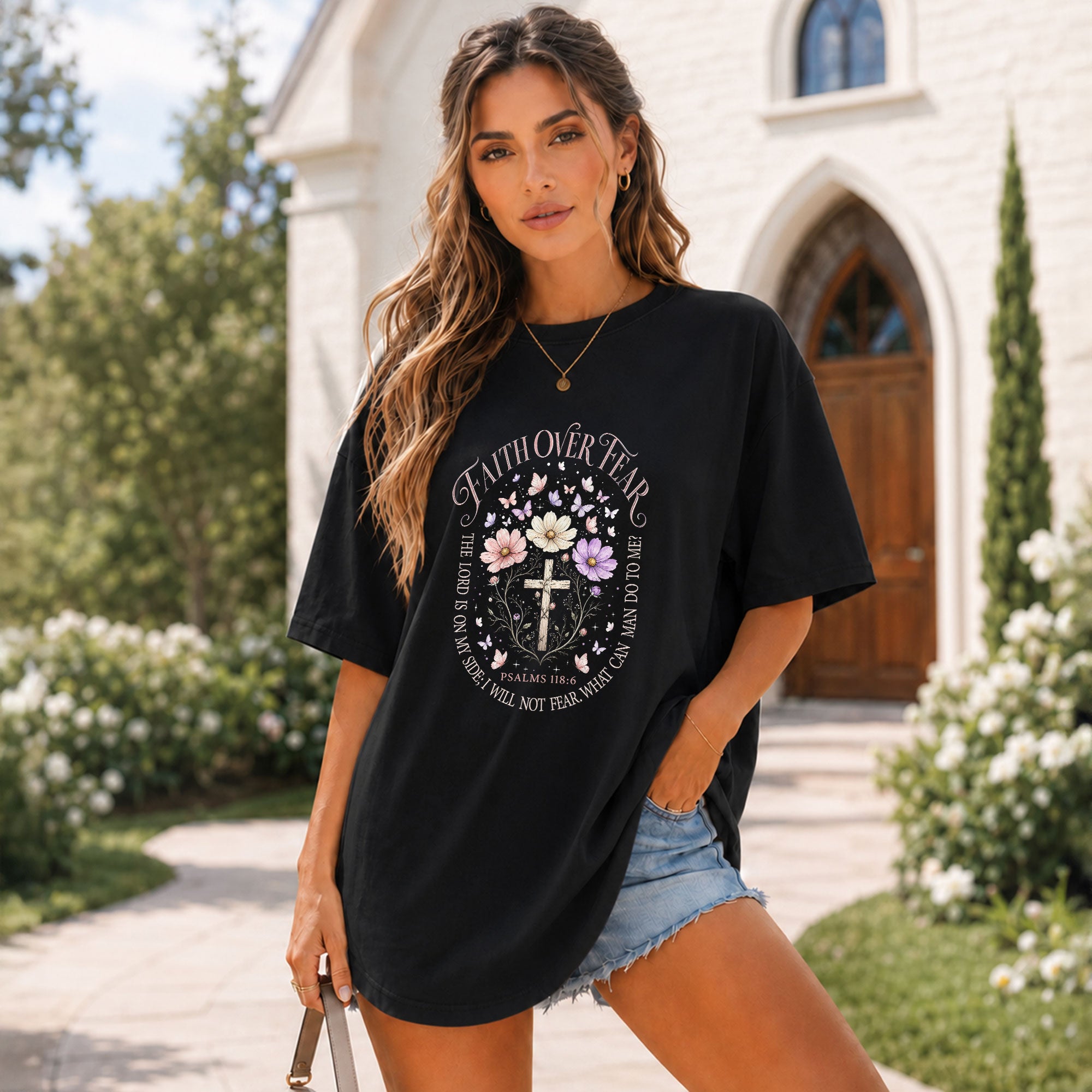 Faith Over Fear Psalms 118:6 Floral Cross Christian Graphic Tee For Women Apparel - Rust Field Wear