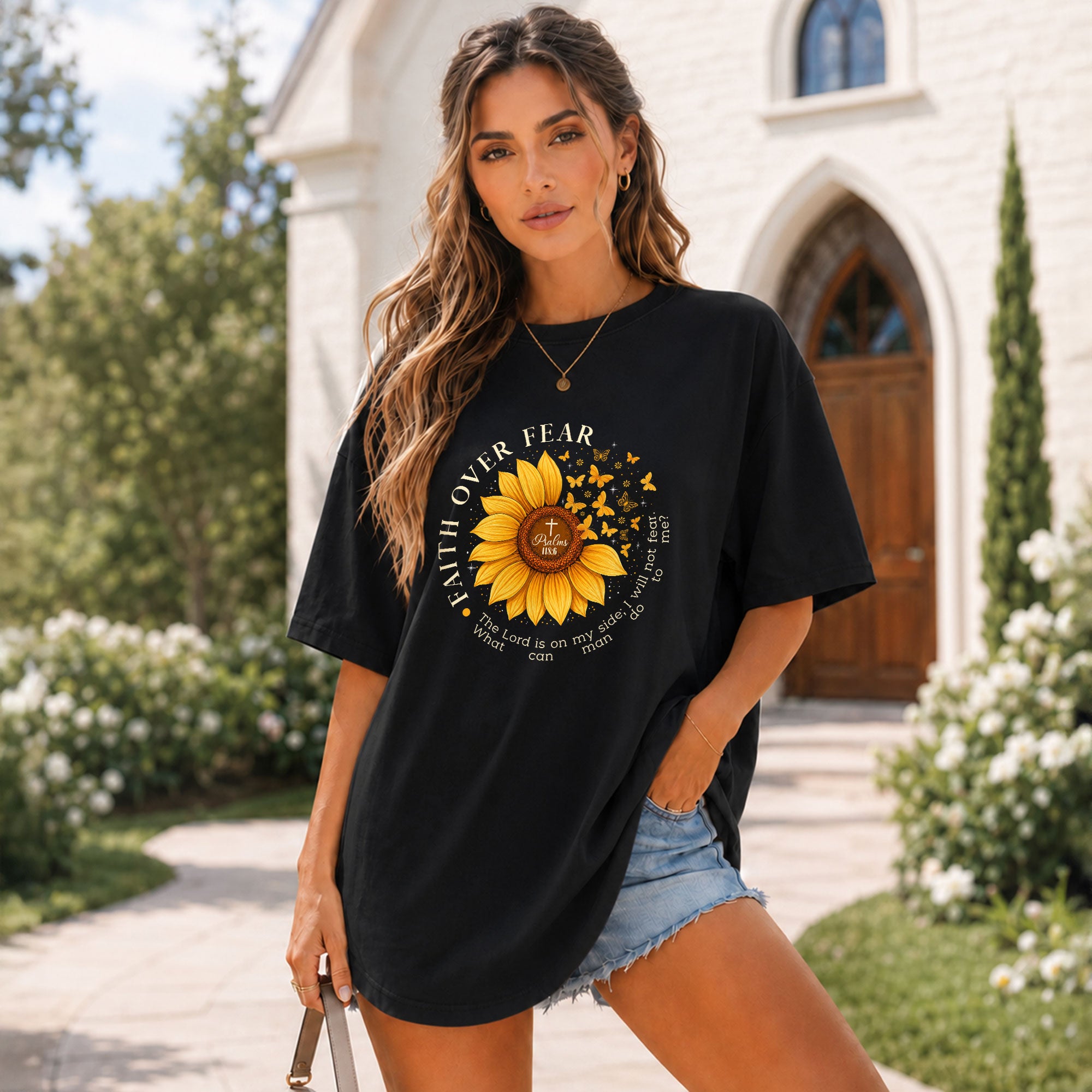 Faith Over Fear Psalms 118:6 Sunflower Butterfly Christian Graphic Tee For Women - Rust Field Wear