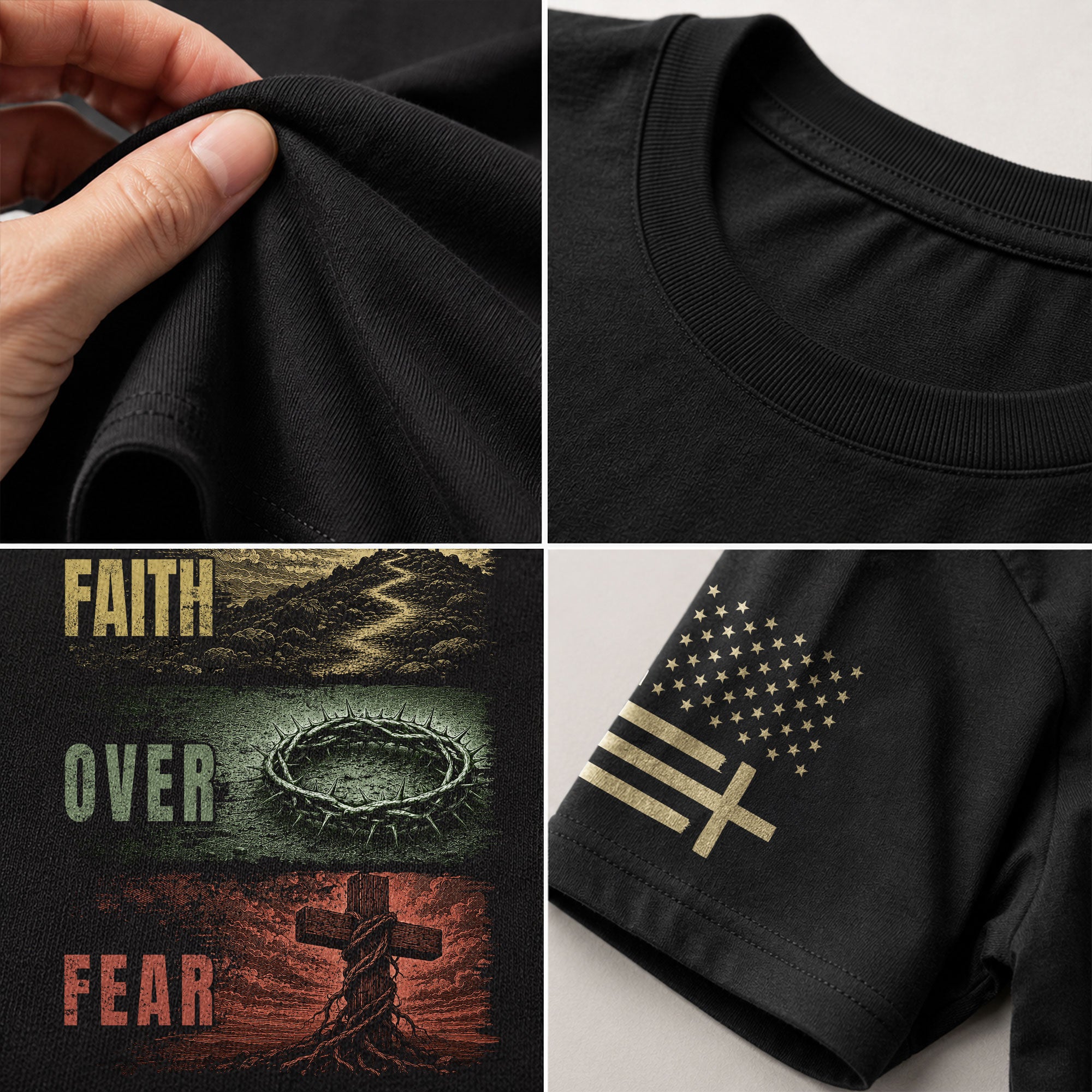 Faith Over Fear Three Panel Cross Crown Of Thorns Christian Graphic Tee Shirt For Men - Rust Field Wear
