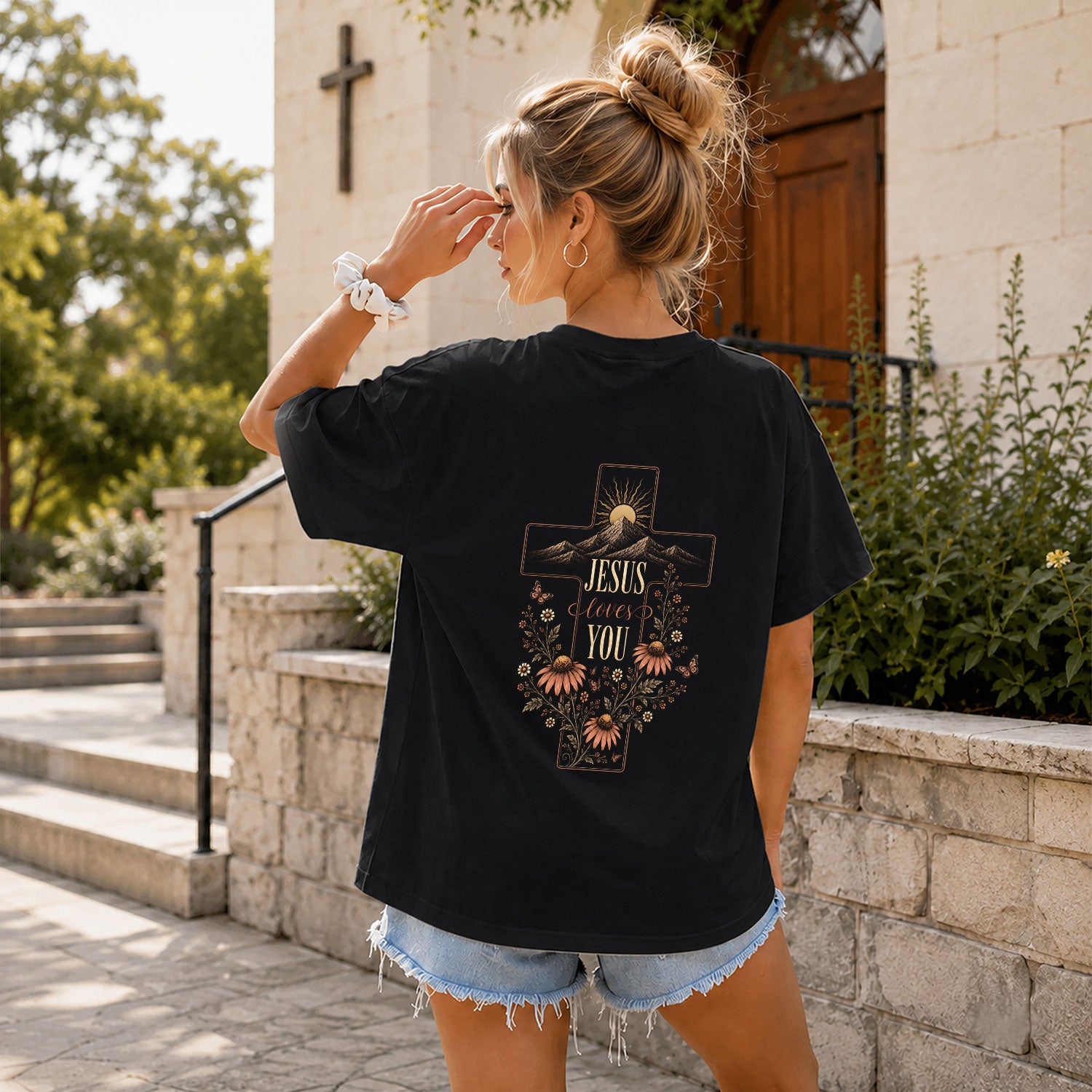 Jesus Loves You Cross Mountain Floral Christian Graphic Tee Shirt For Women Apparel - Rust Field Wear