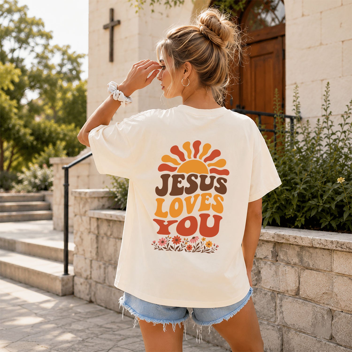 Jesus Loves You Retro Sun Floral Christian Graphic Tee Shirt For Women Everyday Wear - Rust Field Wear