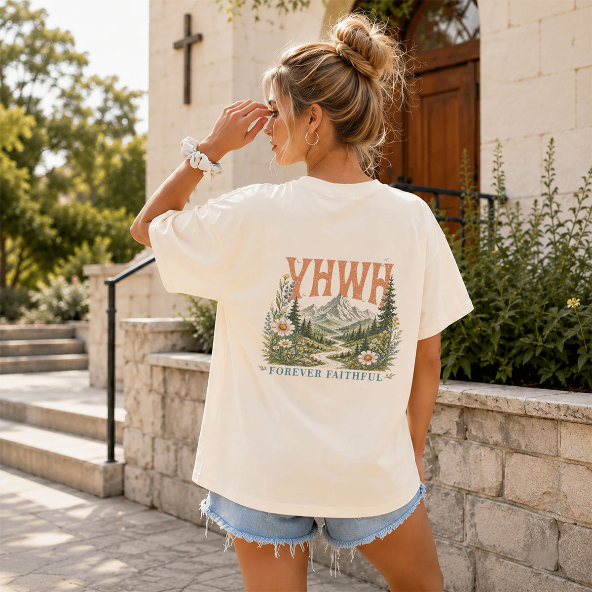 Spiritual Christian YHWH Mountain Nature Aesthetic Women Graphic Tee Shirt Vintage - Rust Field Wear