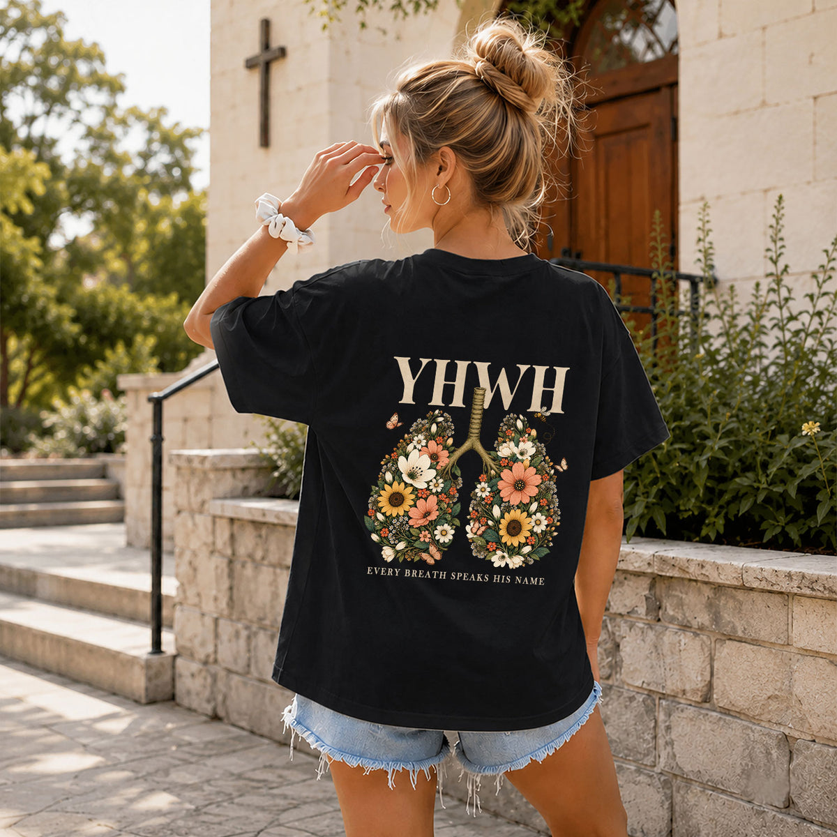 Holy Christian YHWH Floral Lungs Aesthetic Women Graphic Tee Shirt Vintage Cotton - Rust Field Wear