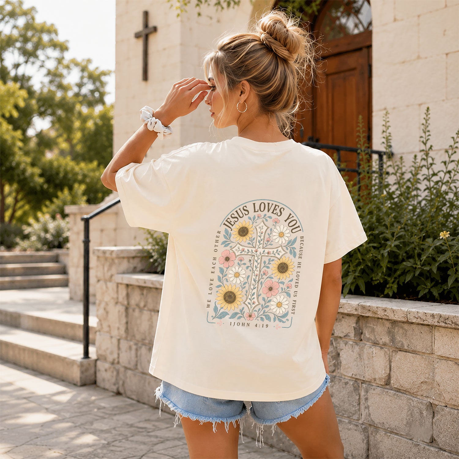 Jesus Loves You Cross Sunflower 1 John 4:19 Christian Graphic Tee For Women Apparel