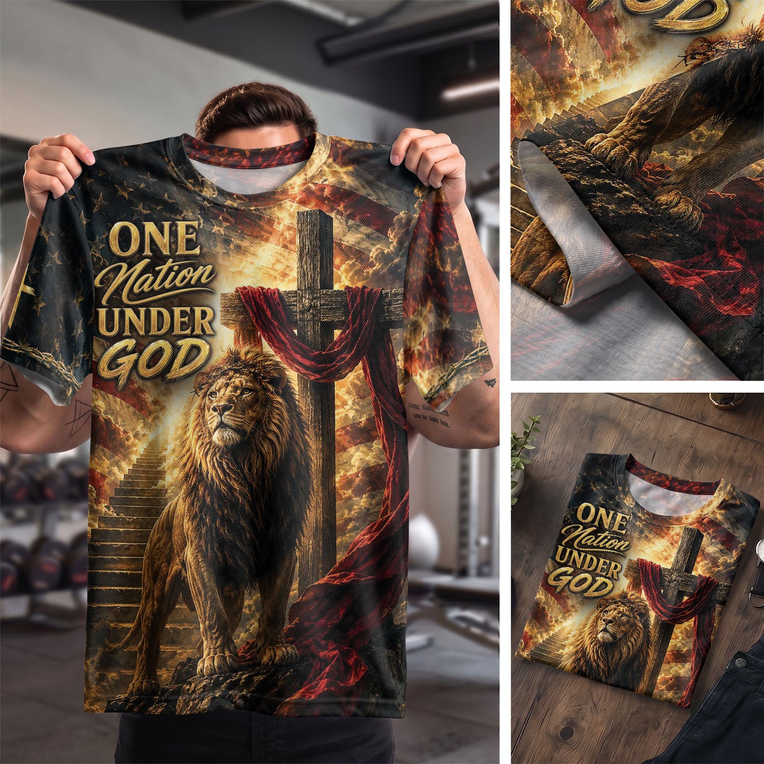 Christian Lion Cross 3D Men T-Shirt One Nation Under God Jesus Graphic Print Tee Shirt