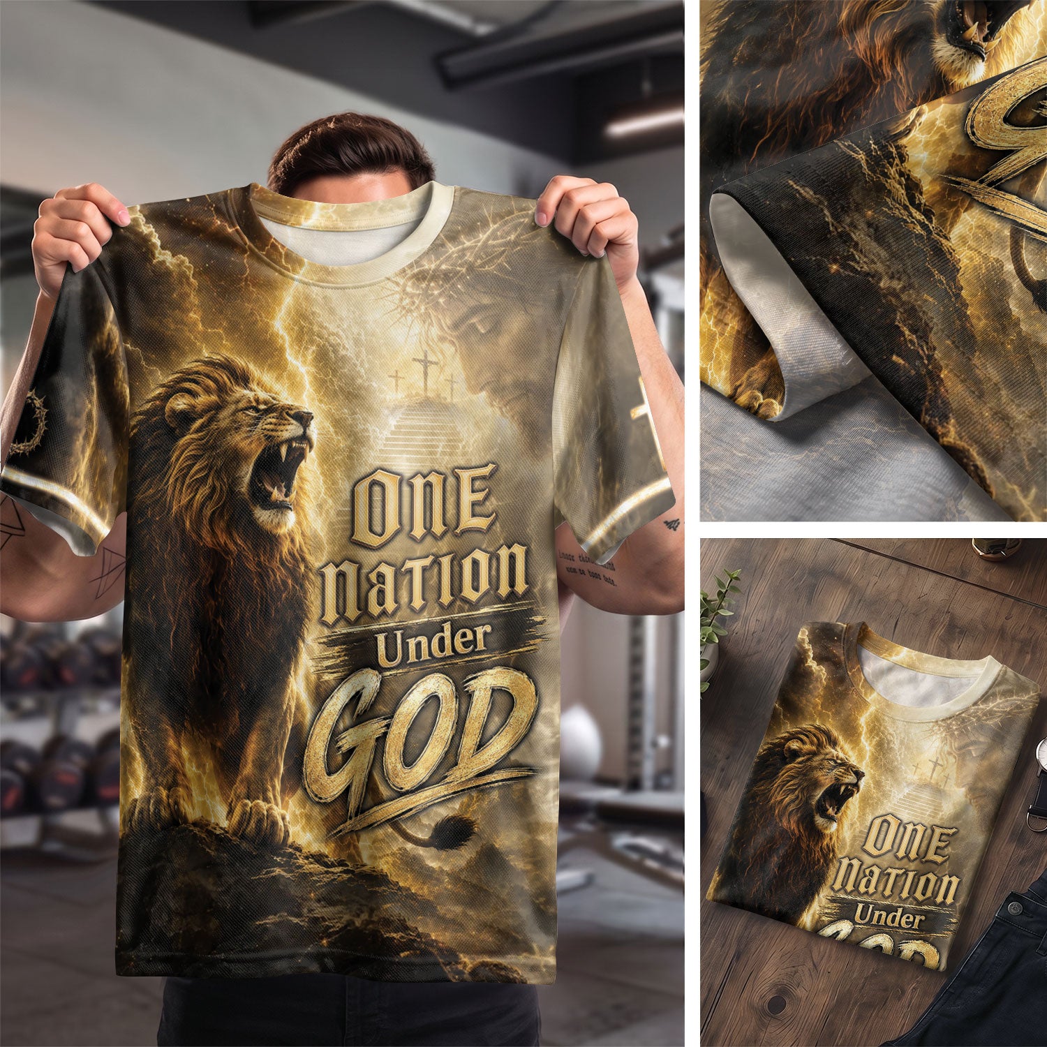 One Nation Under God Shirt Christian Roaring Lion Cross Jesus 3D Graphic Men Tee