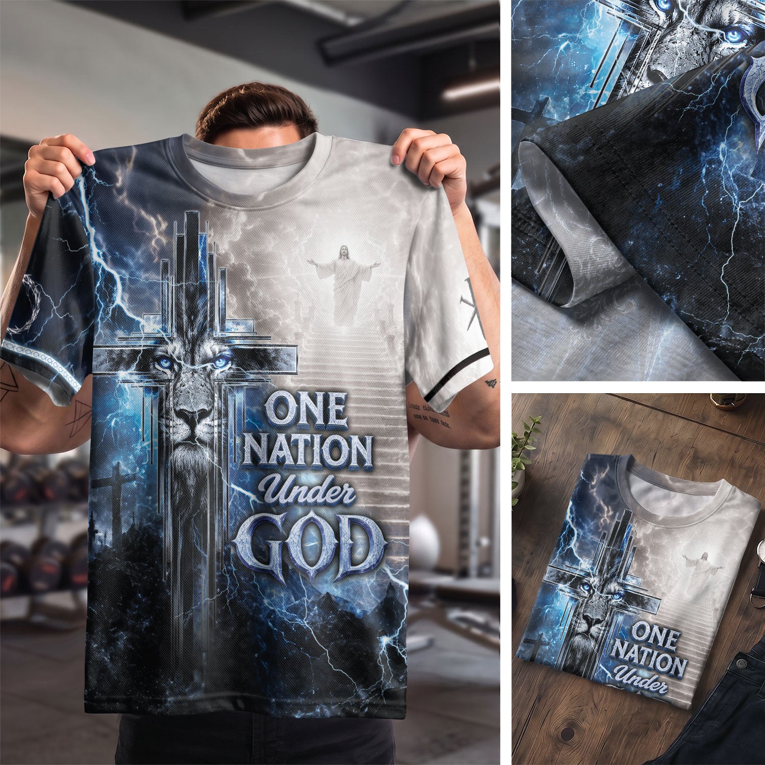One Nation Under God Shirt Blue Lightning Lion Cross 3D All Over Print Christian Men Tee