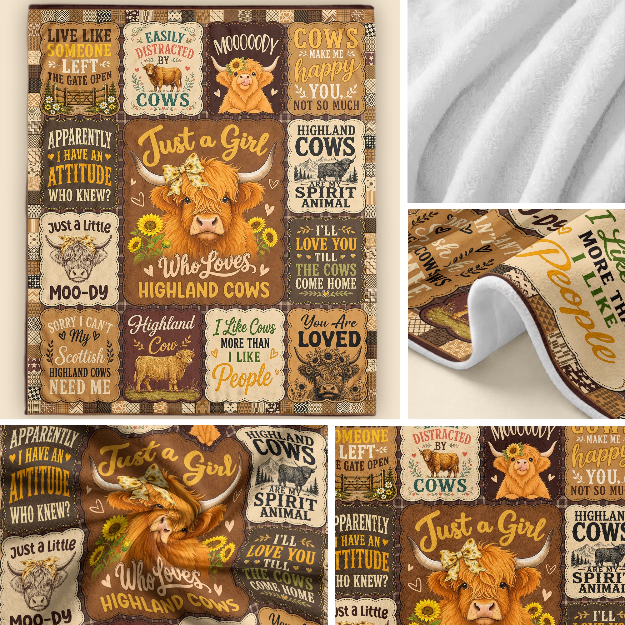 Just A Girl Who Adores Highland Cows Patchwork Throw Blanket Farm Decor Gift Idea