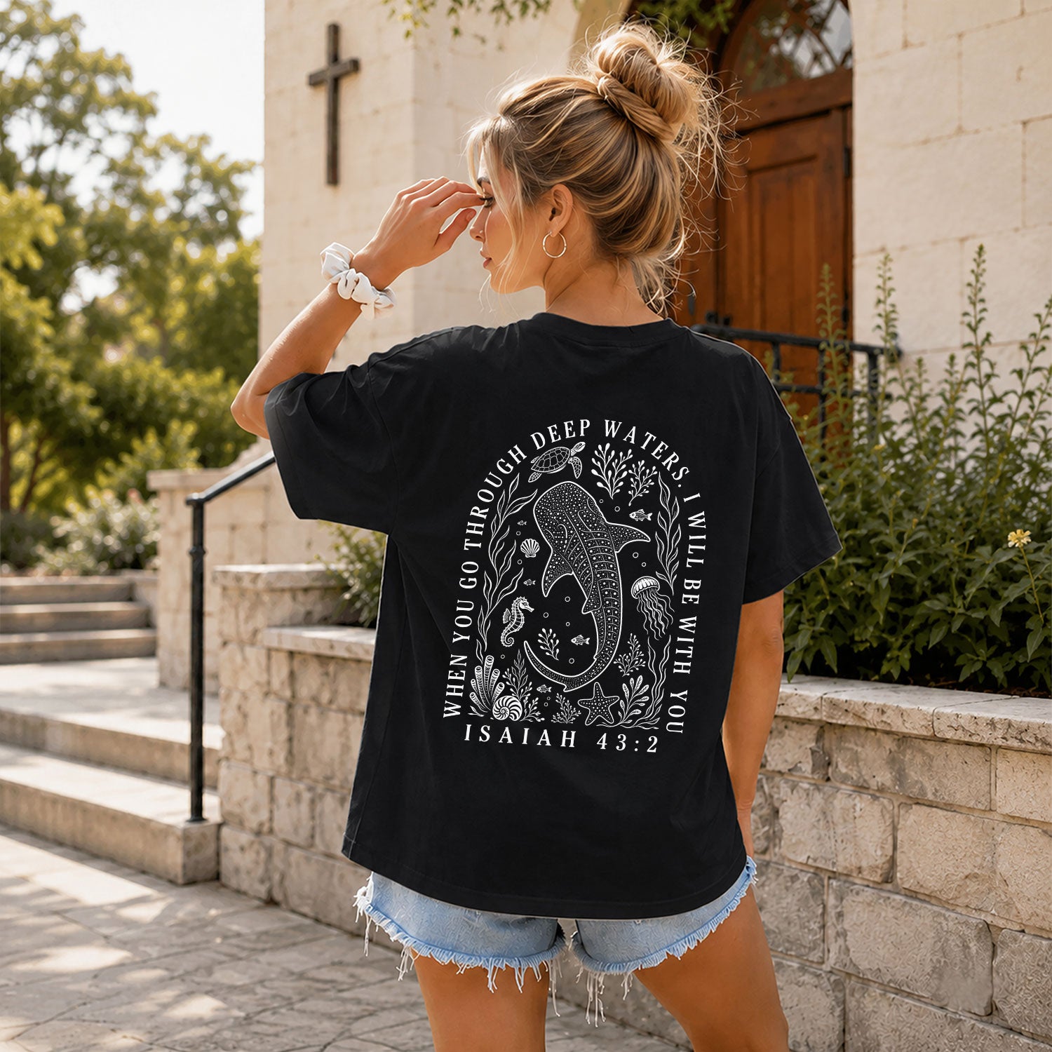 Christian Whale Shark T-Shirt When You Go Through Deep Waters Tee Isaiah 43 2 Faith Apparel