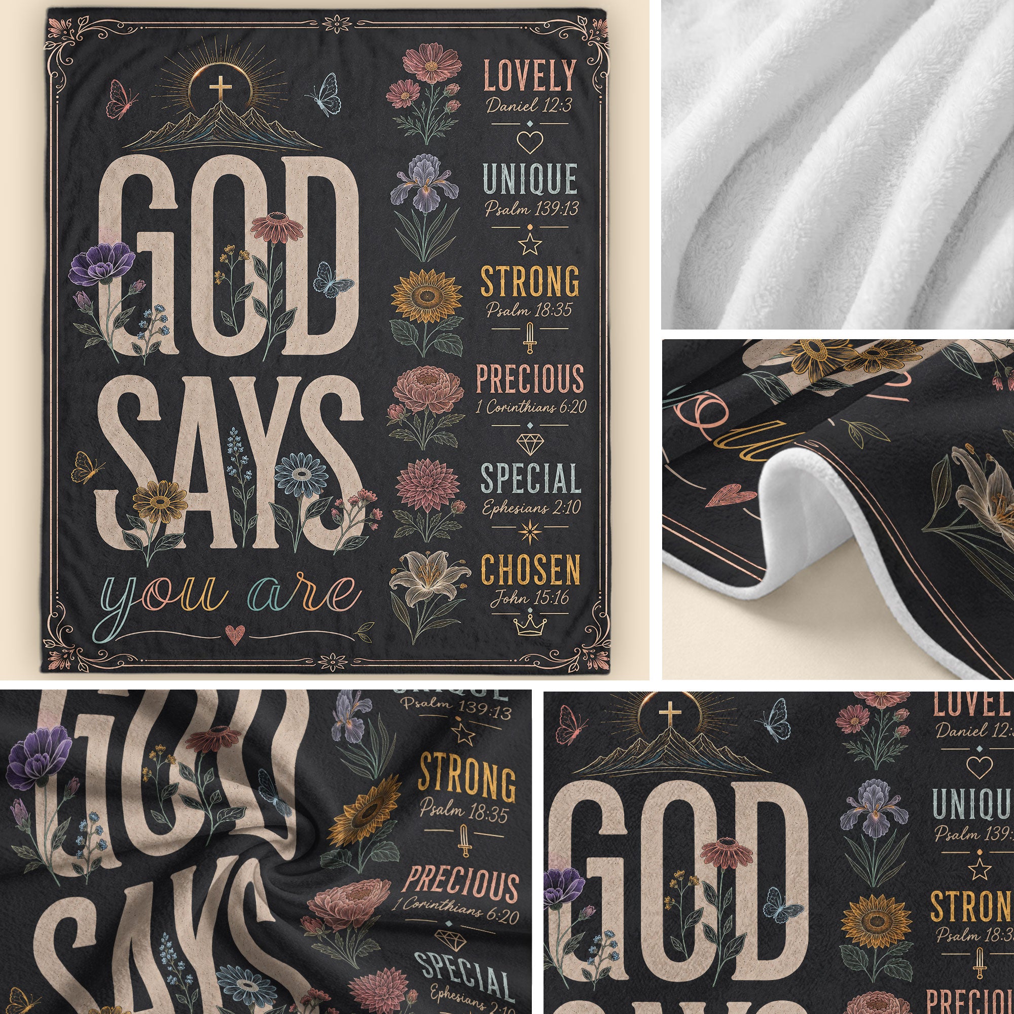 God Says You Are Blanket Black Floral Christian Bible Verse Throw Scripture Gift Cozy