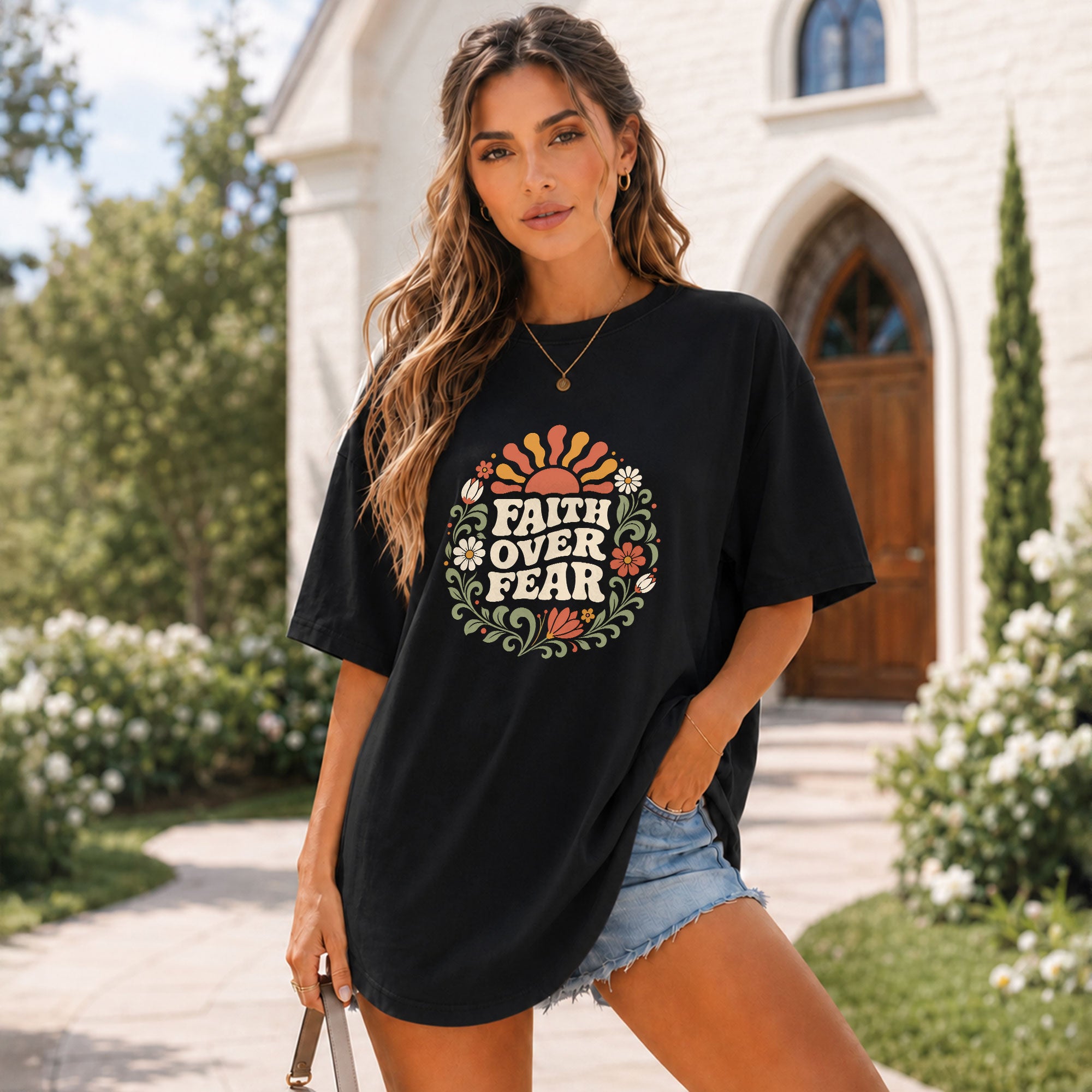 Faith Over Fear Retro Floral Sun Blue Christian Tee For Women Daily Graphic Apparel