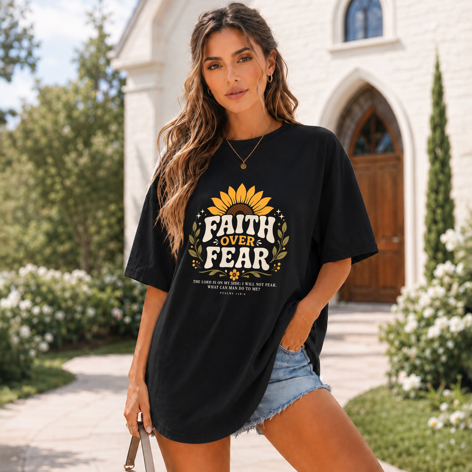 Faith Over Fear Sunflower Psalms Scripture Cute Blue Christian Tee For Women Apparel