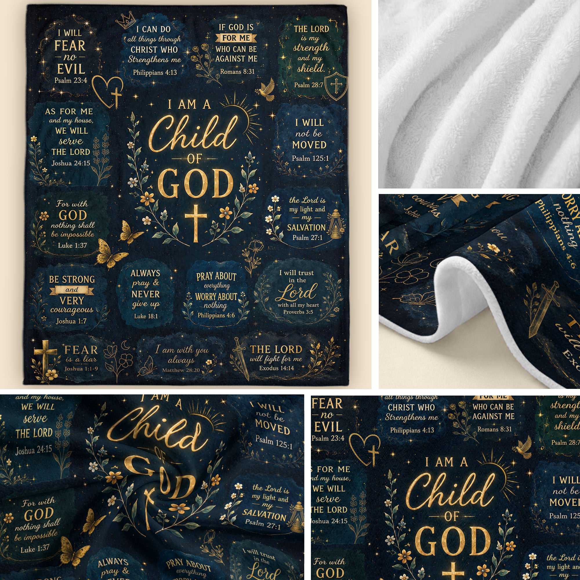 I Am A Child Of God Blanket Black Gold Floral Christian Bible Verse Scripture Decor Gift