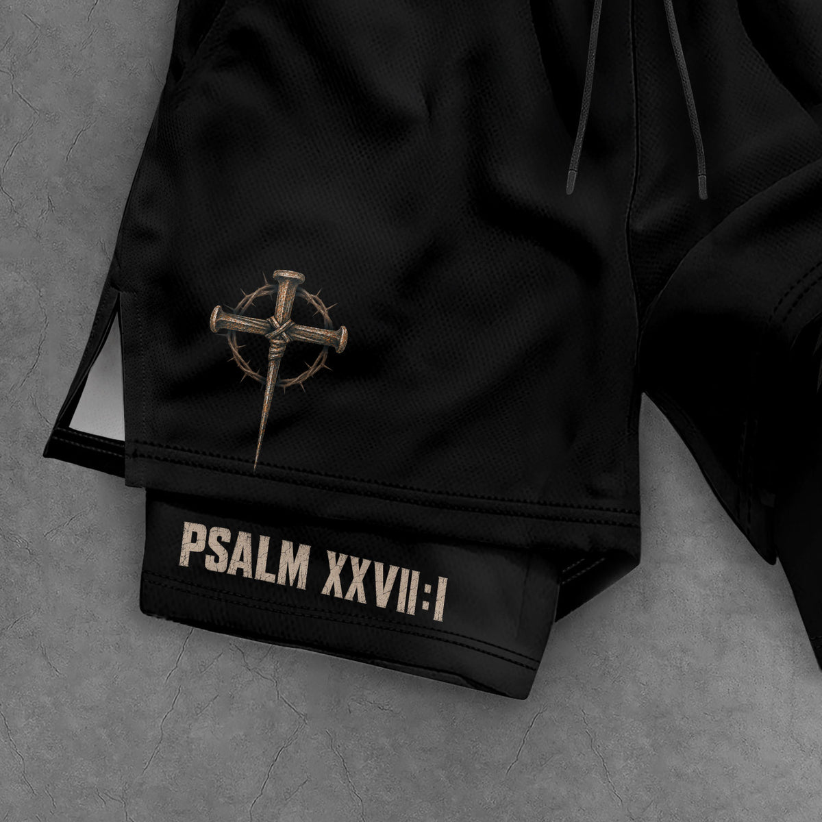 Psalm 27:1 Faith Over Fear Men's Double Layer Track Shorts - Christian Cross Workout Shorts - Rust Field Wear