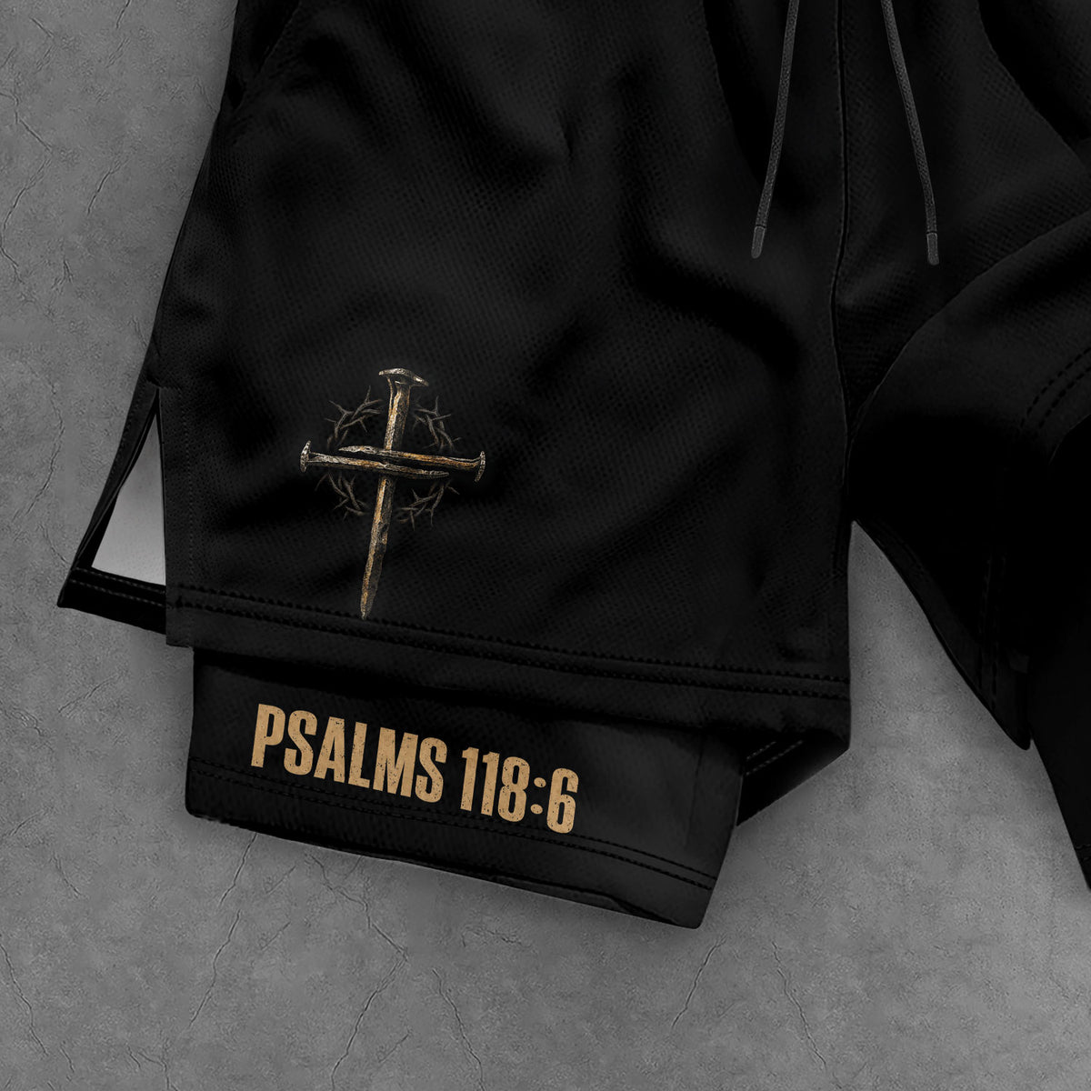 Psalms 118:6 Faith Over Fear Men's Double Layer Track Shorts - Christian Nail Cross Shorts - Rust Field Wear